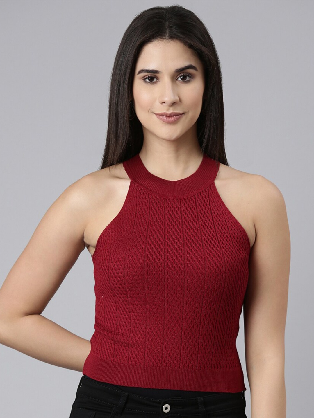 

SHOWOFF Round Neck Self Design Sleeveless Wool Crochet Top, Maroon