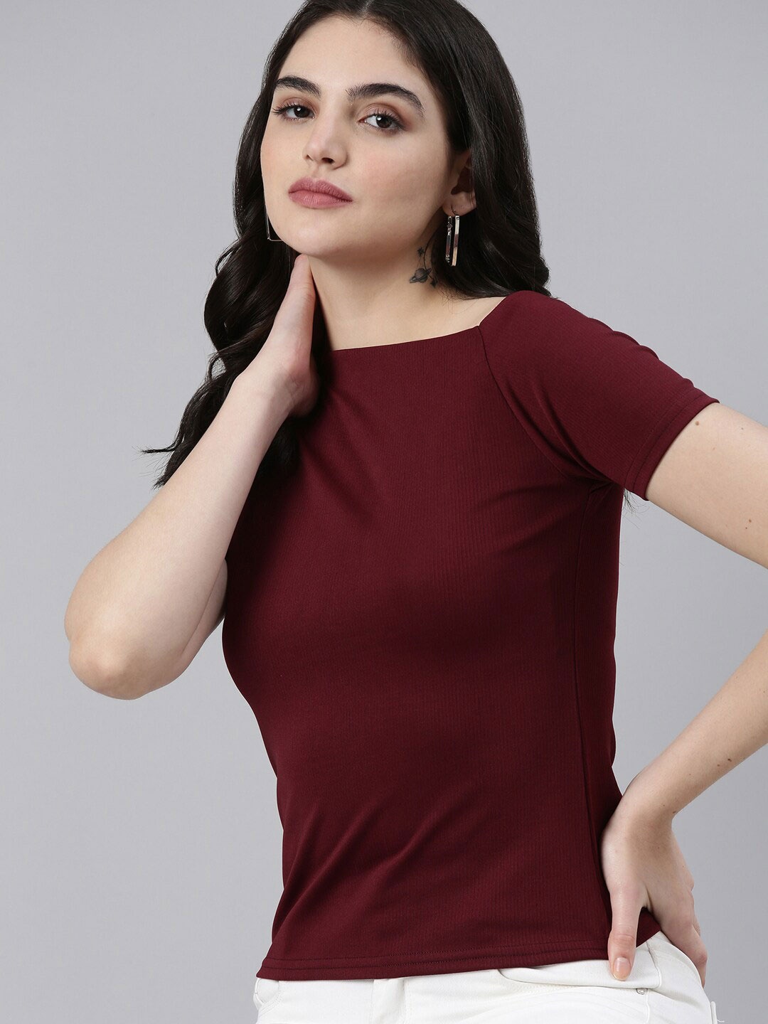 

SHOWOFF Acrylic Boat Neck Knitted Top, Burgundy