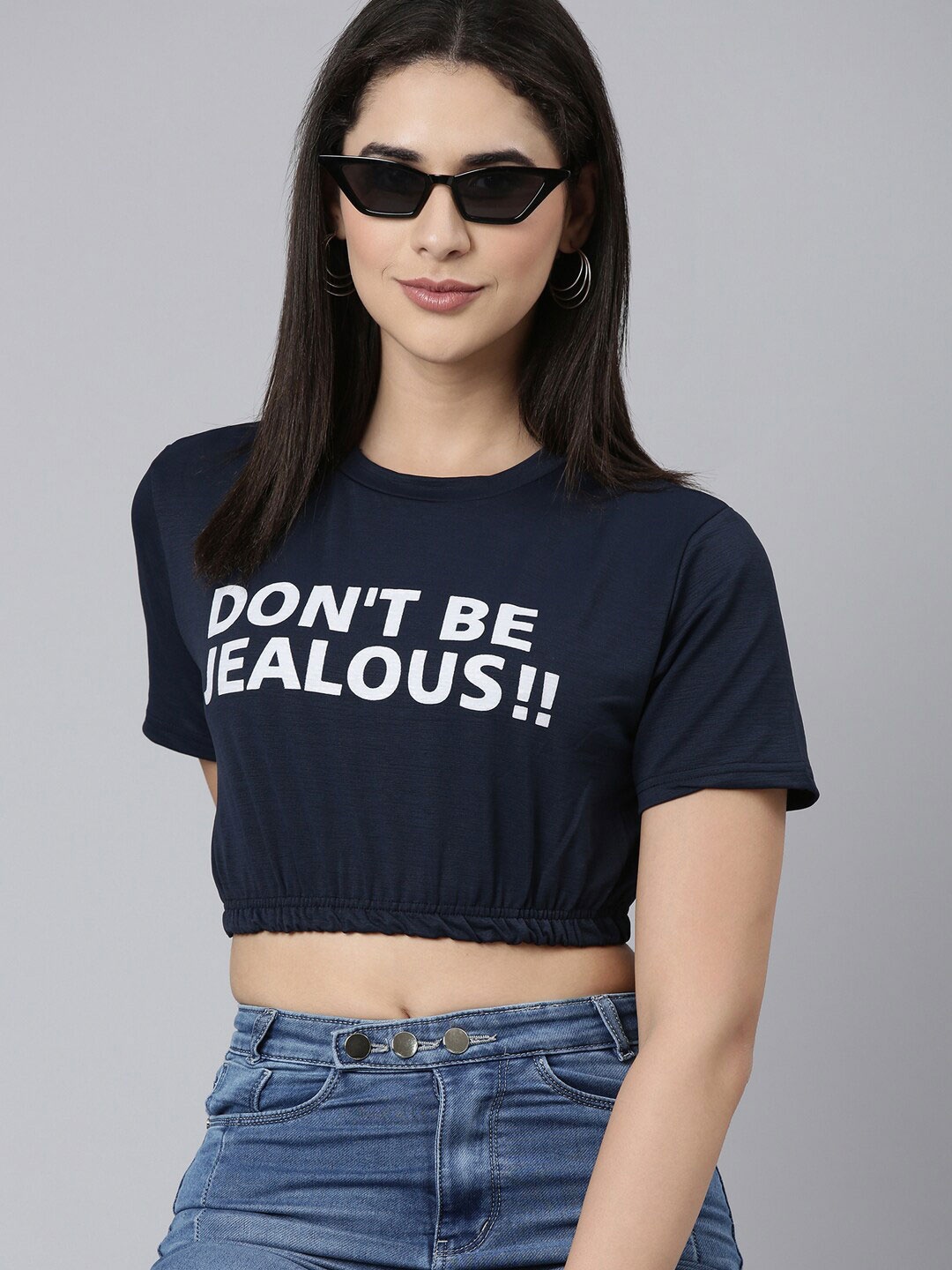 

SHOWOFF Typography Printed Crop Cinched Waist Top, Navy blue