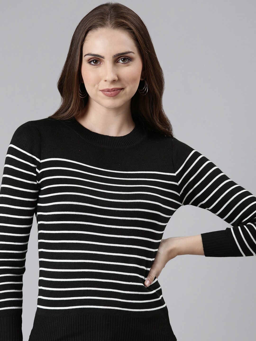 

SHOWOFF Striped Acrylic Round Neck Top, Black