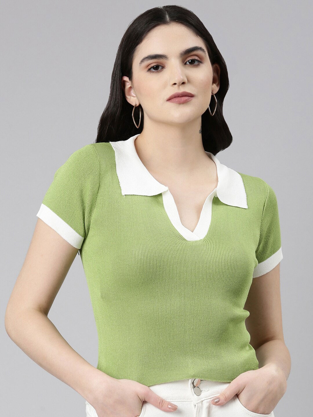 

SHOWOFF Shirt Collar Cotton Regular Top, Green