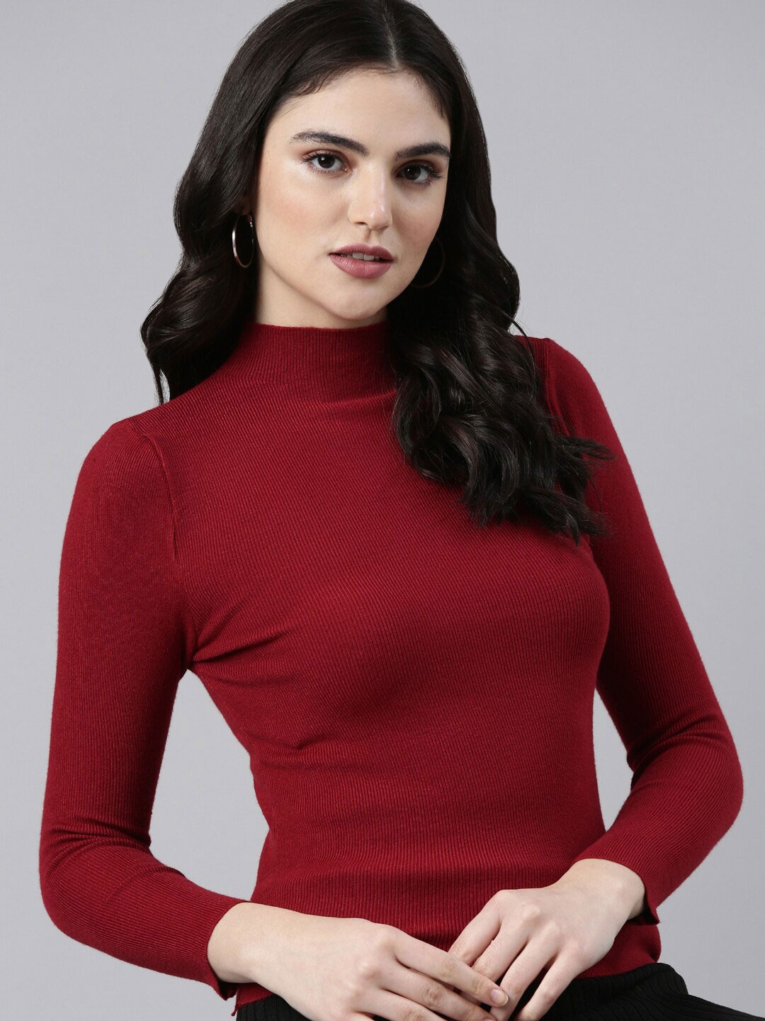 

SHOWOFF High Neck Cotton Fitted Top, Maroon