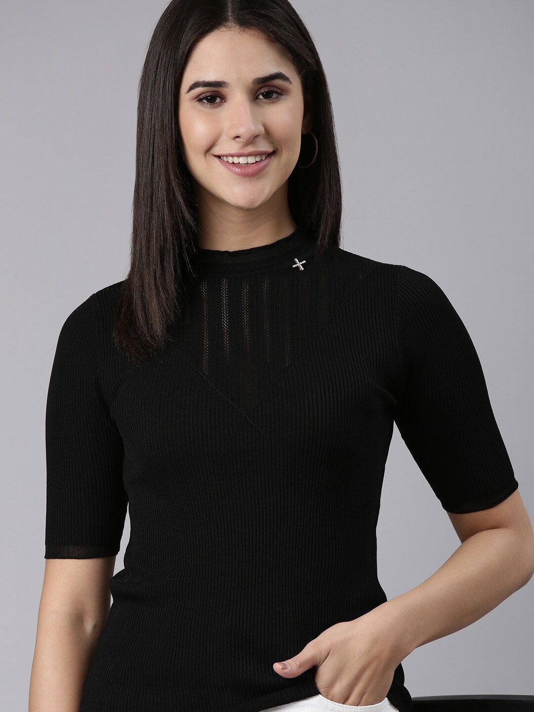 

SHOWOFF High Neck Ribbed Cotton Fitted Top, Black