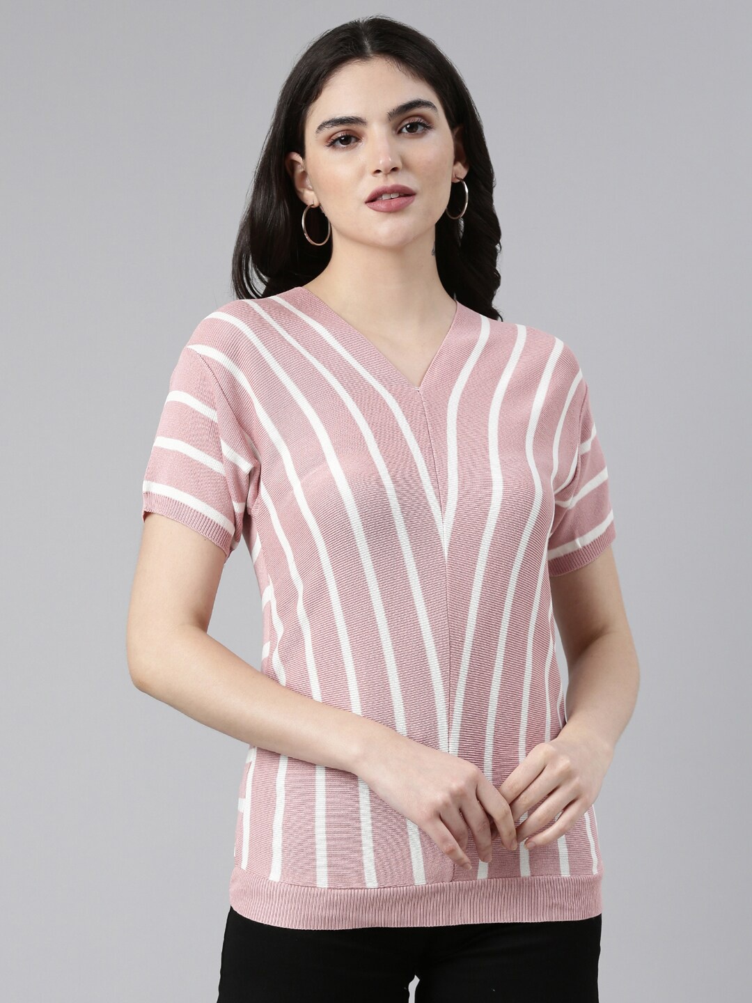 

SHOWOFF Striped V-Neck Cotton Top, Mauve