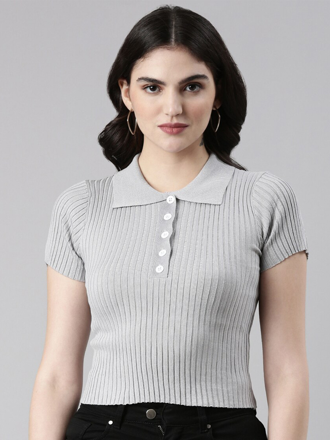 

SHOWOFF Shirt Collar Cotton Fitted Crop Top, Grey