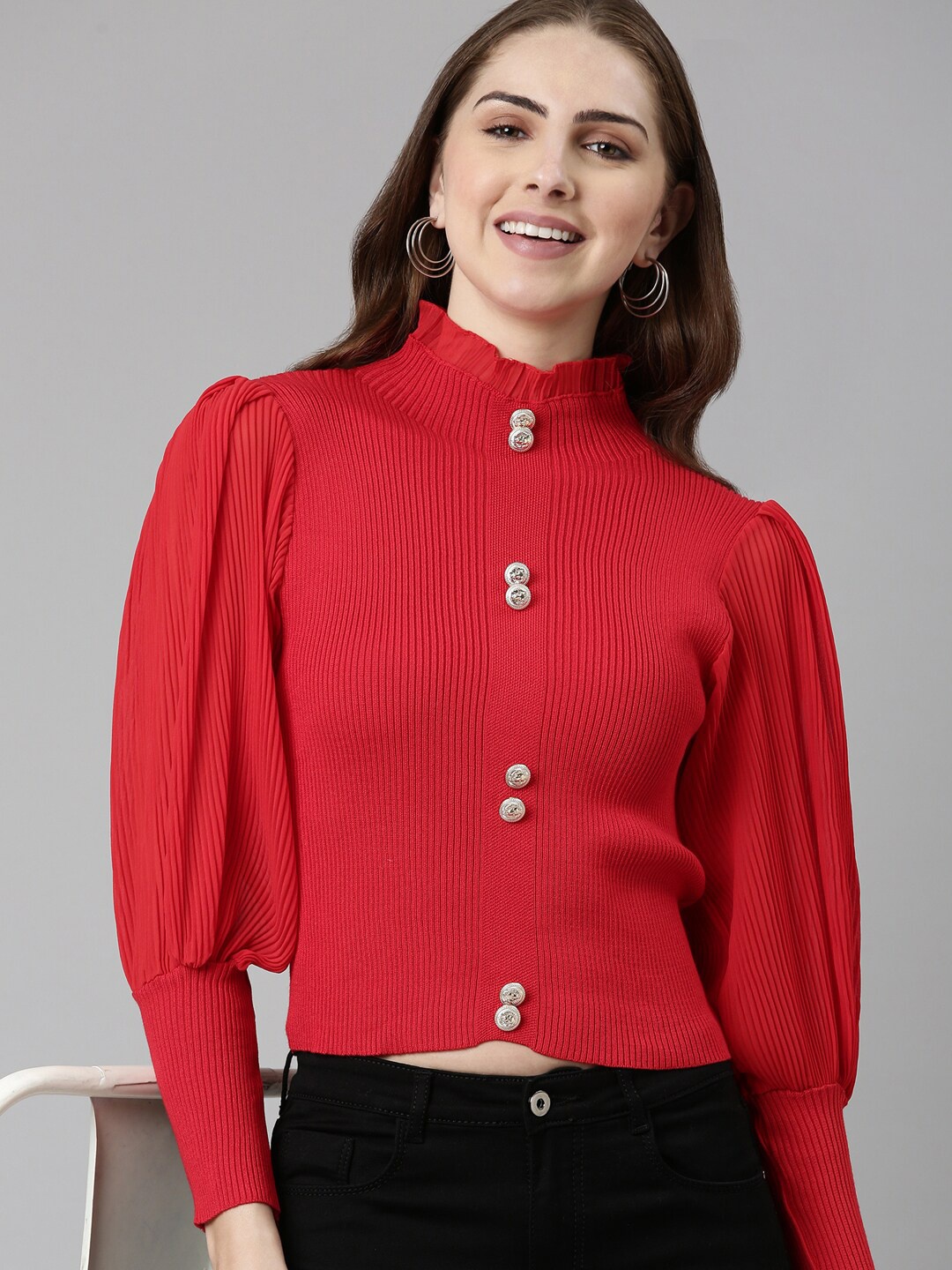 

SHOWOFF High Neck Bishop Sleeves Cotton Top, Red