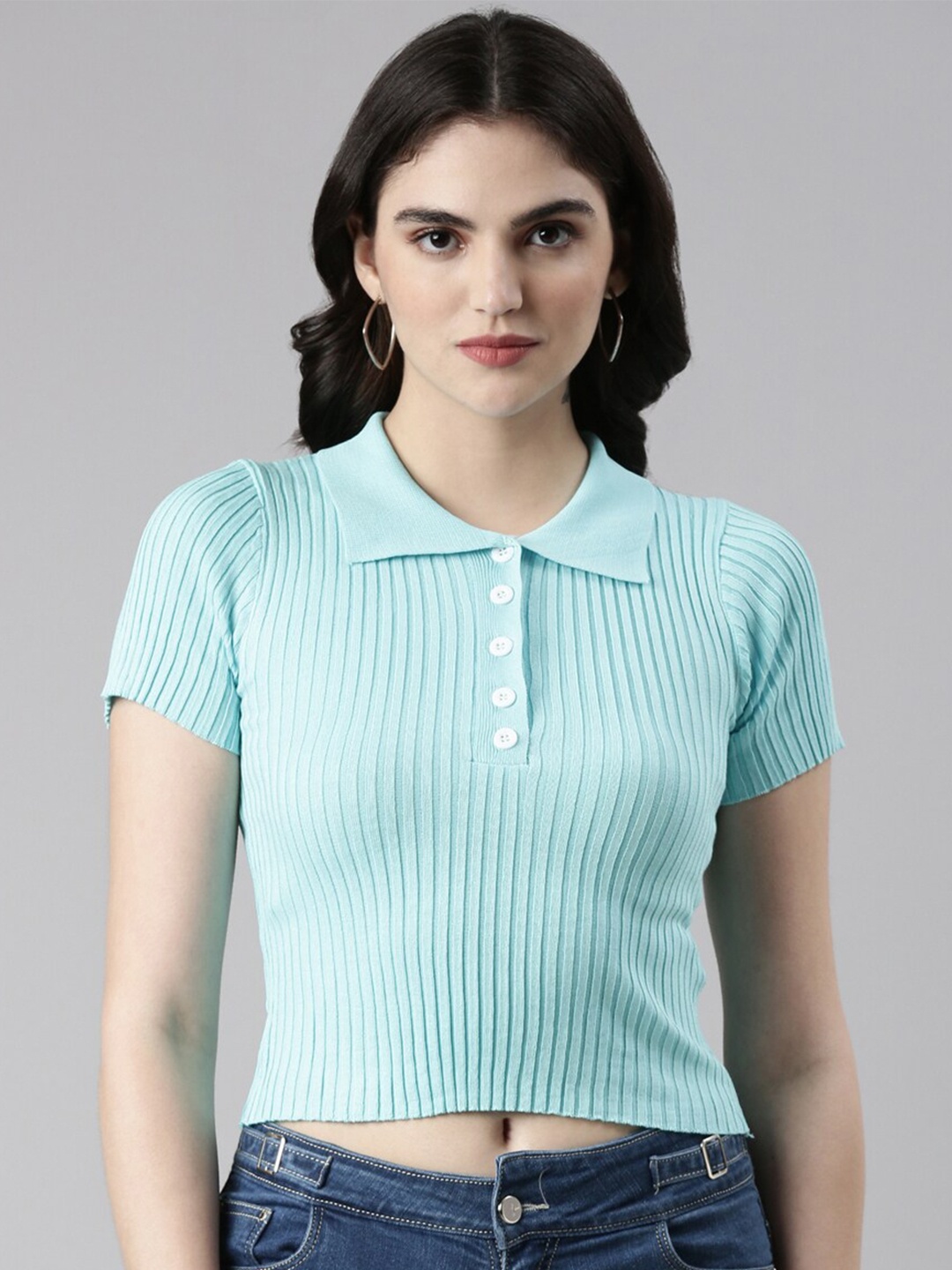 

SHOWOFF Shirt Style Cotton Fitted Crop Top, Turquoise blue