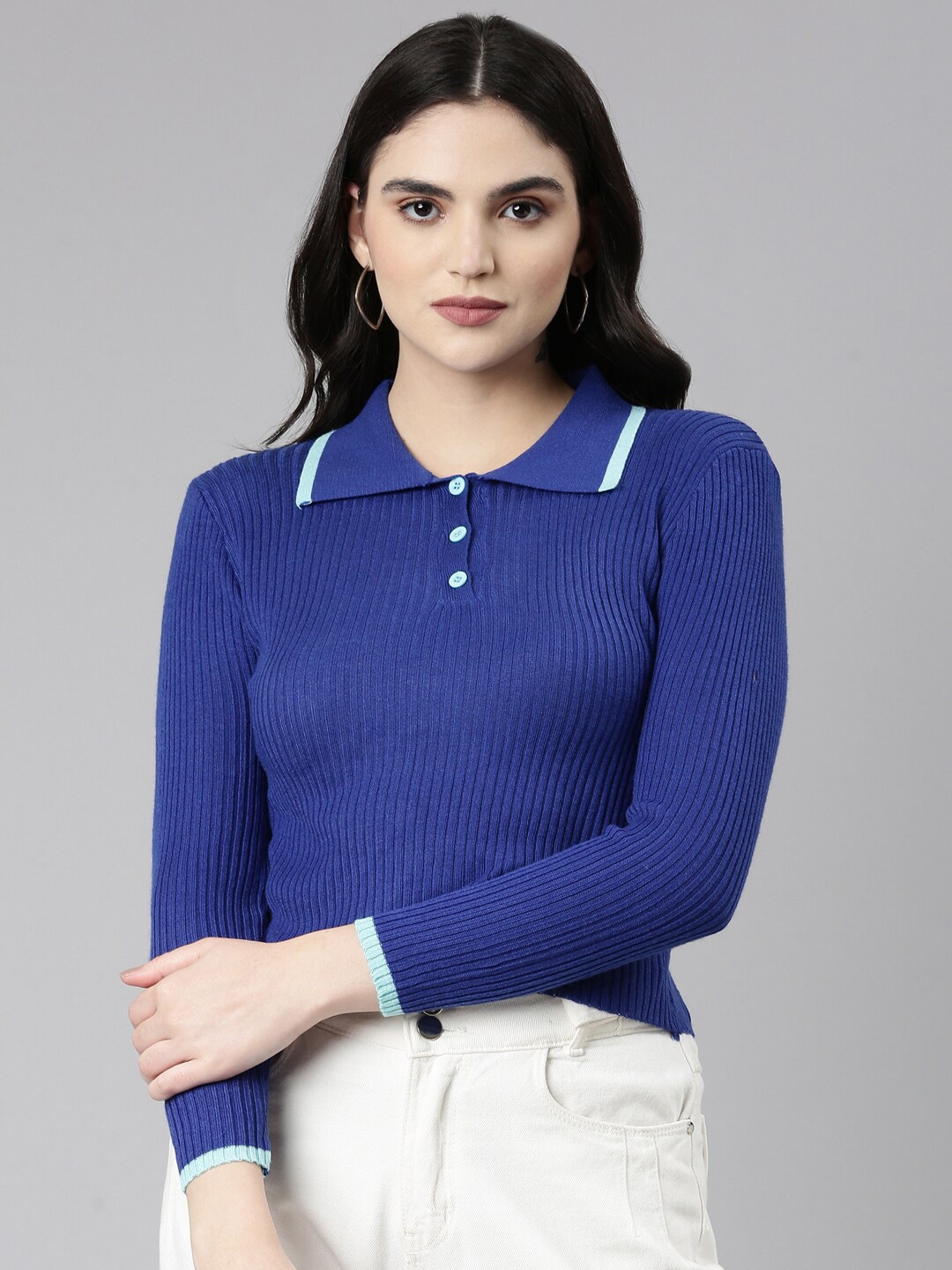 

SHOWOFF Knitted Acrylic Fitted Top, Blue