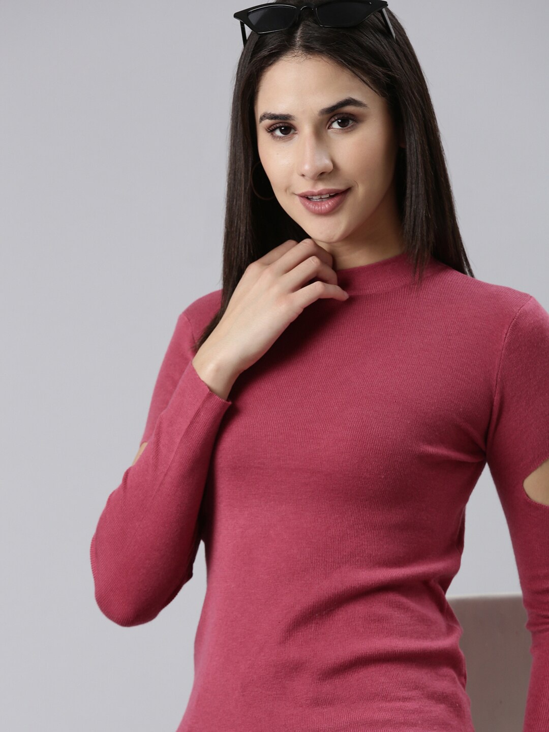 

SHOWOFF Ribbed Hight Neck Acrylic Top With Cut Out, Magenta