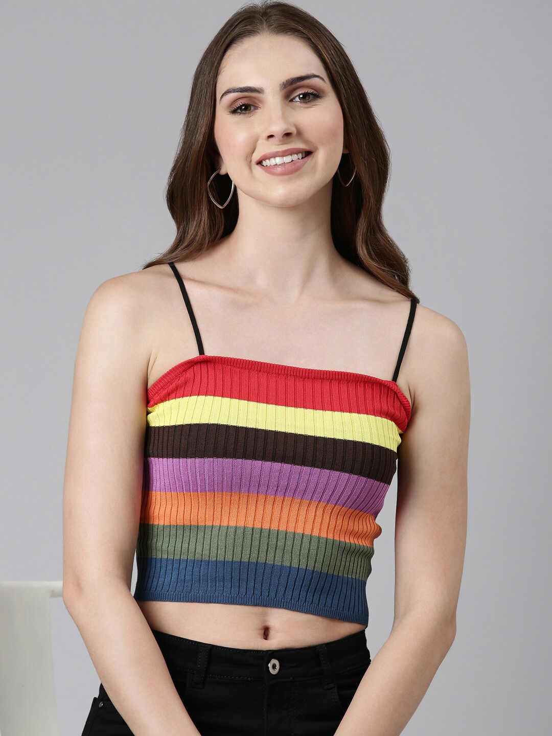 

SHOWOFF Colourblocked Shoulder Straps Acrylic Fitted Crop Top, Multi