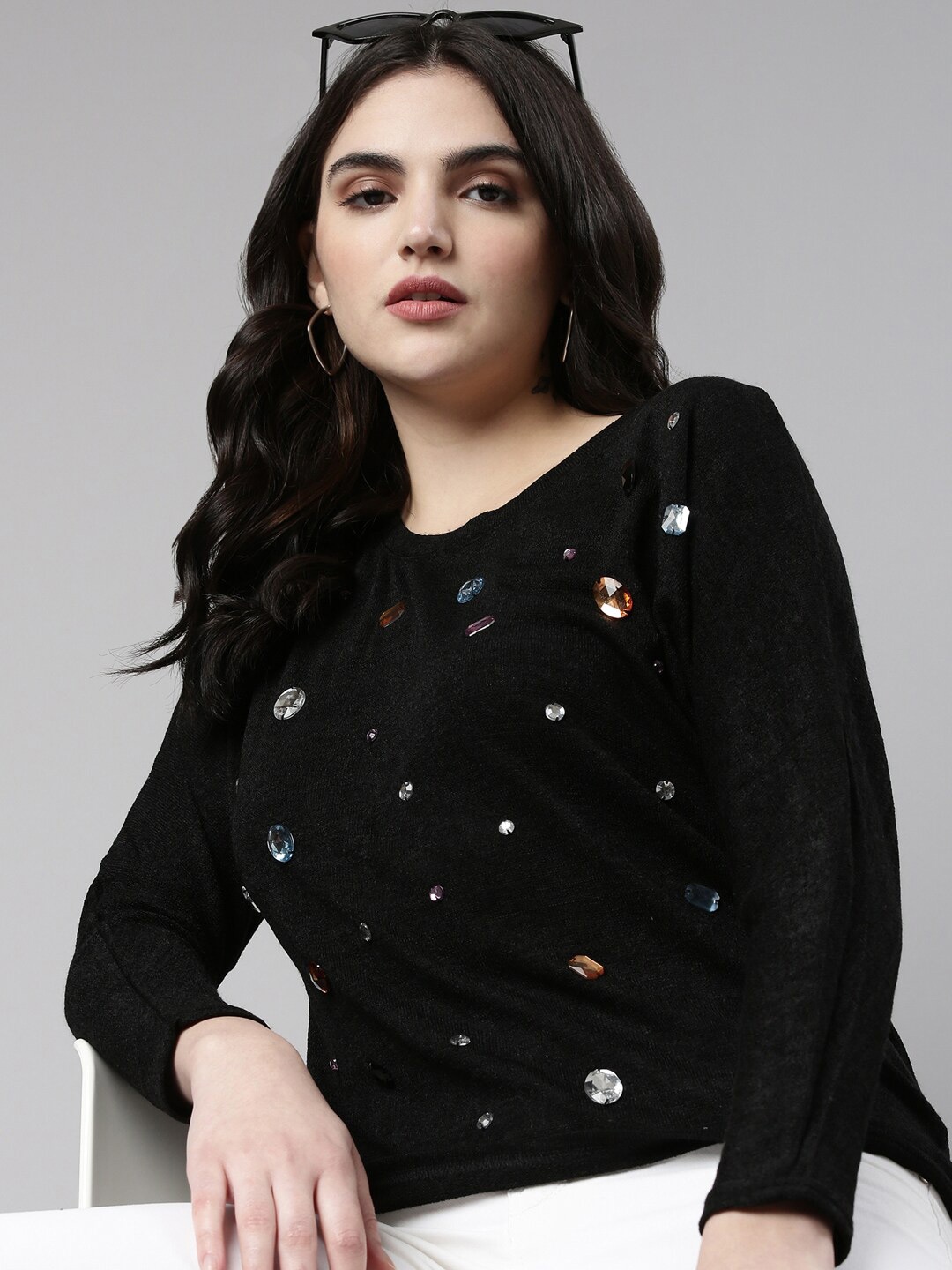 

SHOWOFF Embellished Studded Woollen Top, Black