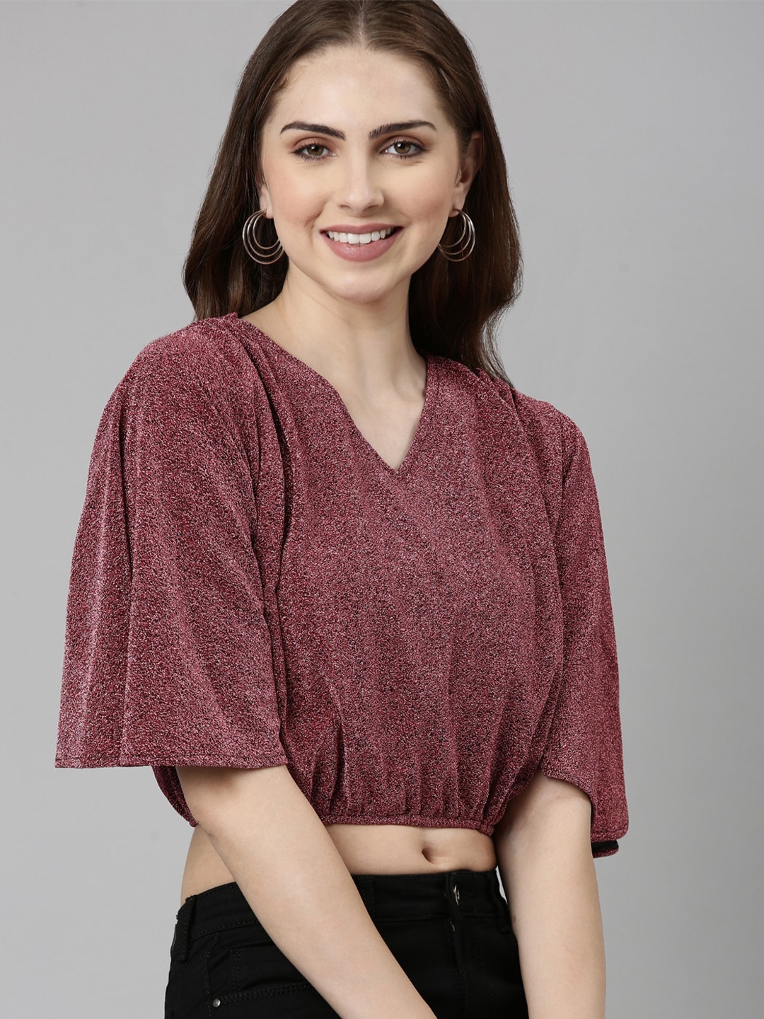 SHOWOFF Self Design Flared Sleeve Blouson Crop Top, Magenta