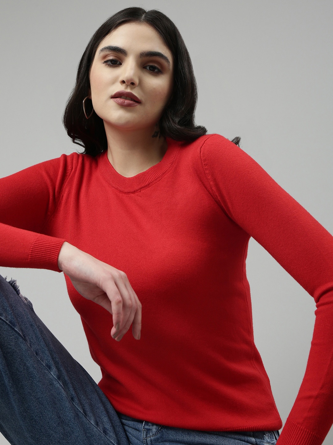 

SHOWOFF Round Neck Long Sleeves Top, Red