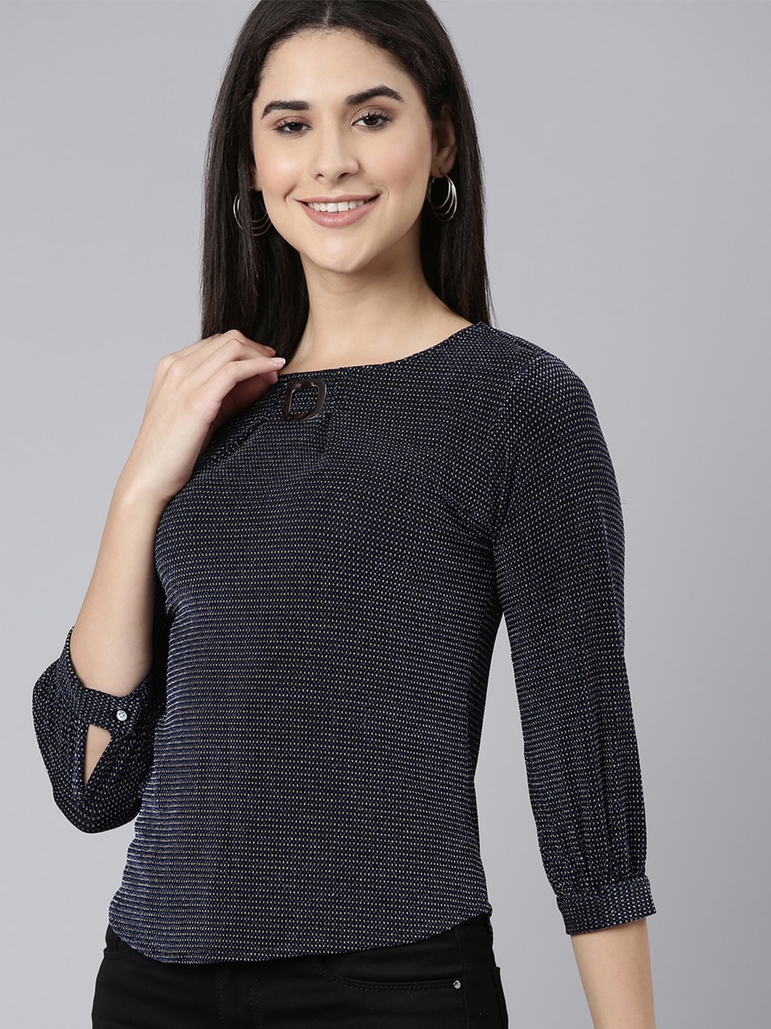 

SHOWOFF Embellished Puff Sleeves Top, Navy blue