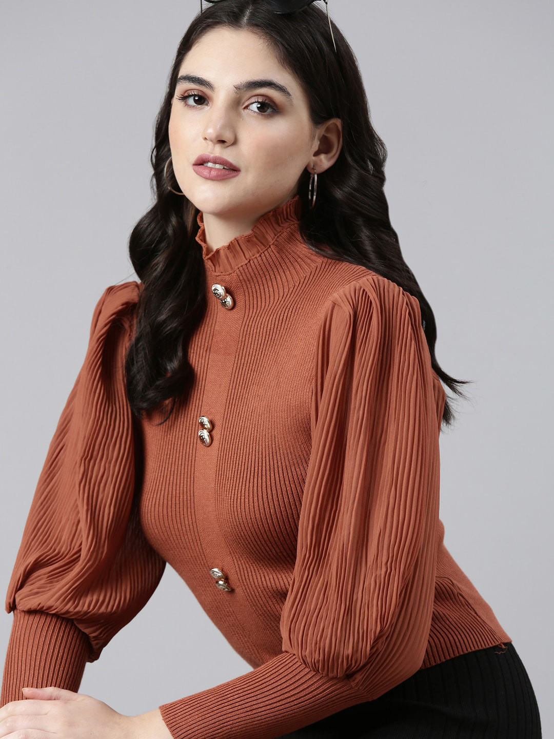 

SHOWOFF High Neck Puff Sleeves Top, Brown