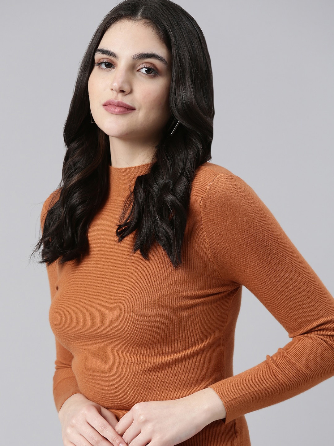 

SHOWOFF High Neck Long Sleeves Fitted Top, Camel brown