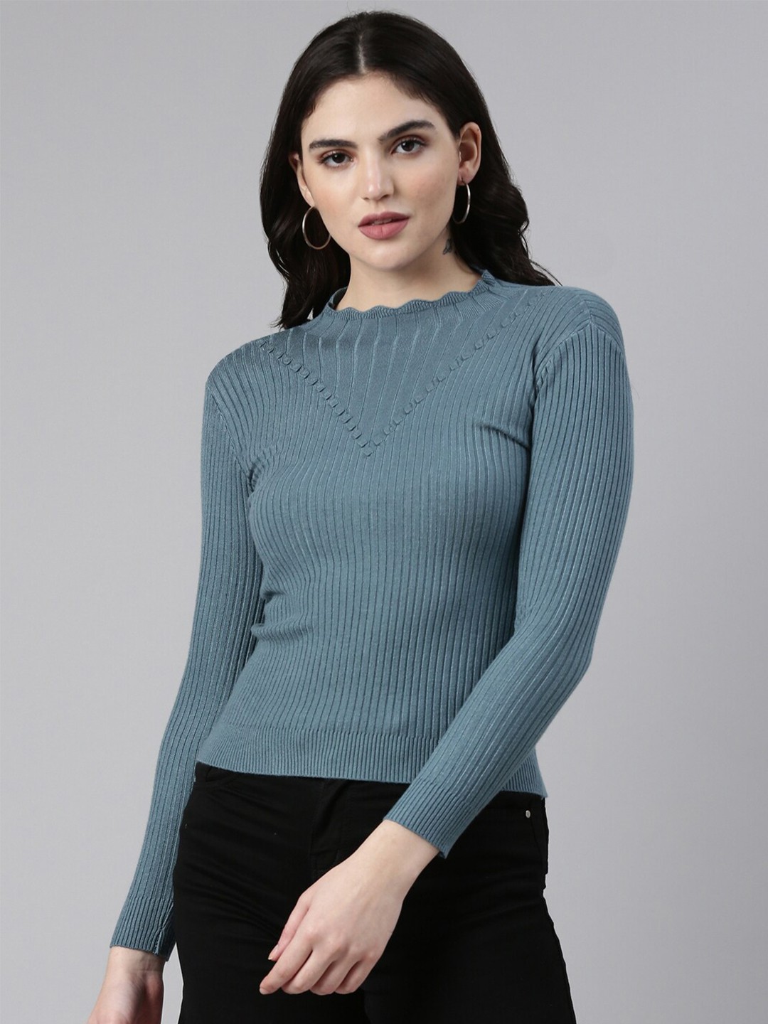 

SHOWOFF Striped Round Neck Fitted Top, Teal