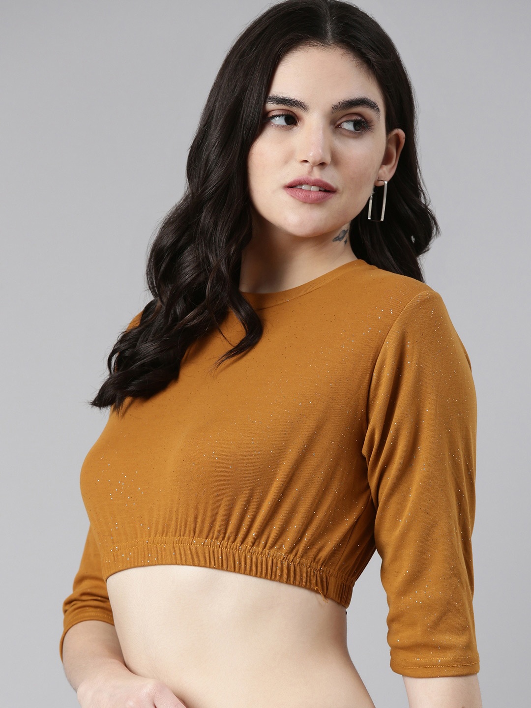 

SHOWOFF Round Neck Gathered Crop Top, Mustard