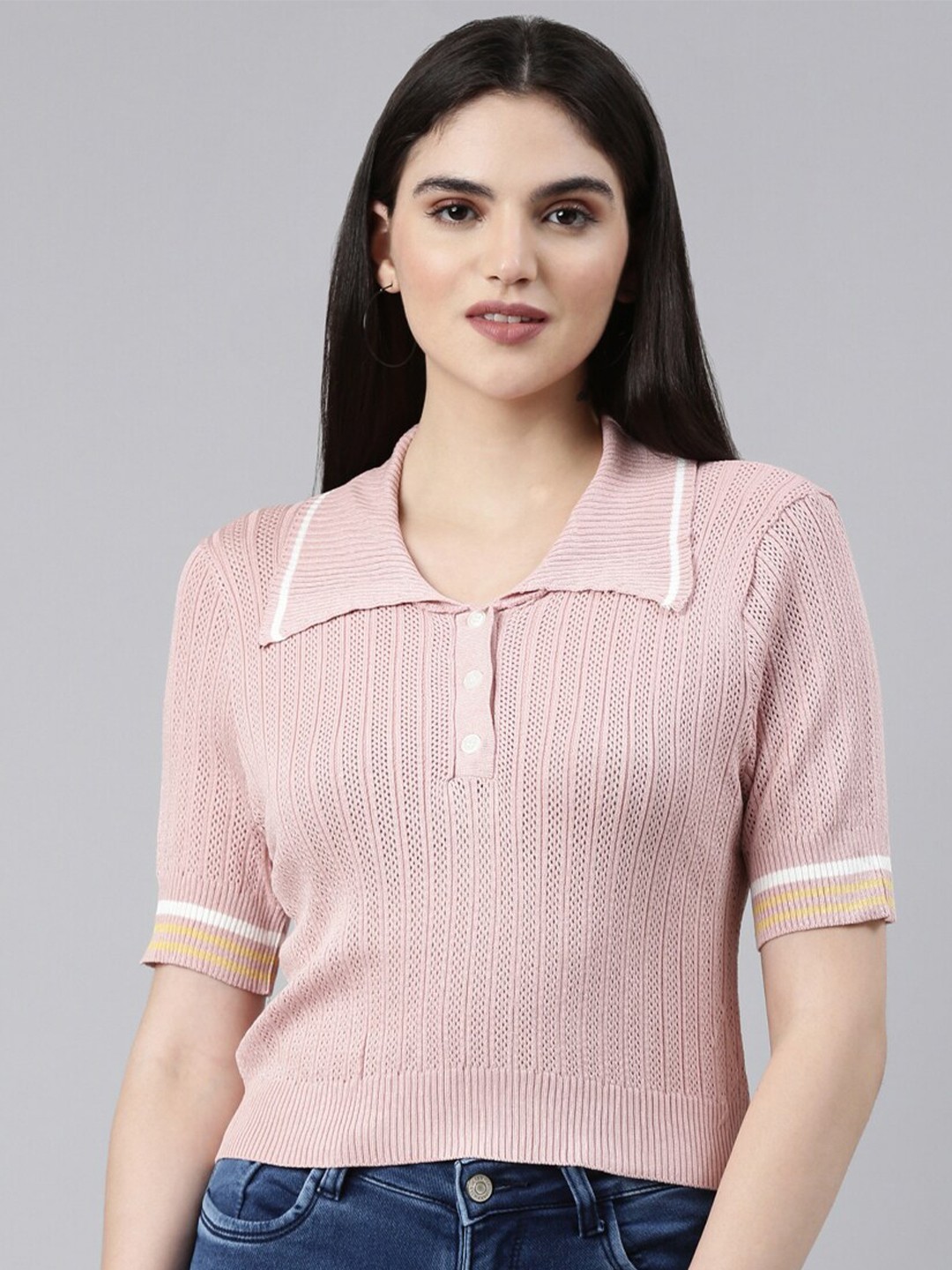 

SHOWOFF Self Design Shirt Collar Crop Top, Pink