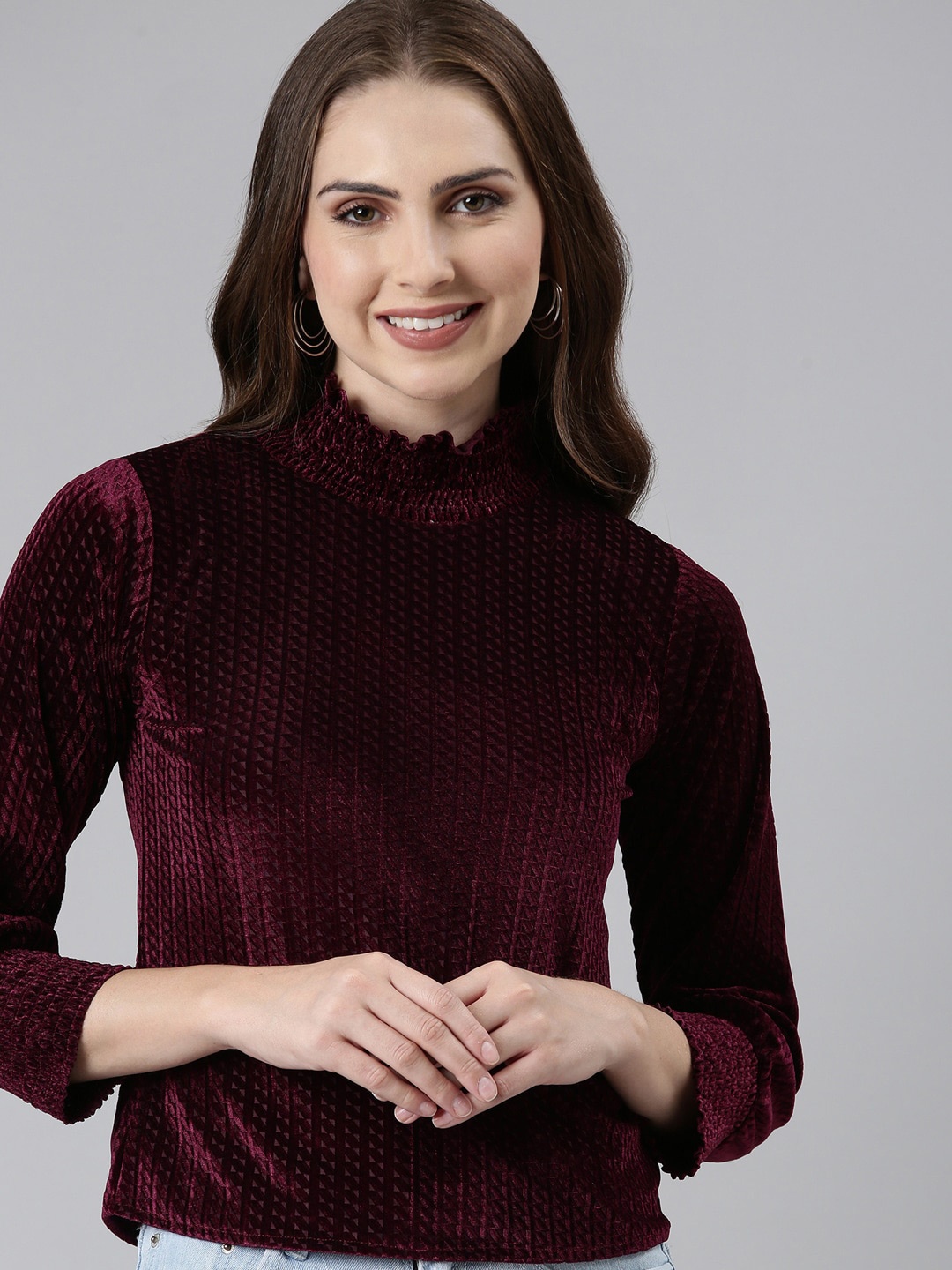 

SHOWOFF Self Design High Neck Cuffed Sleeves Top, Burgundy