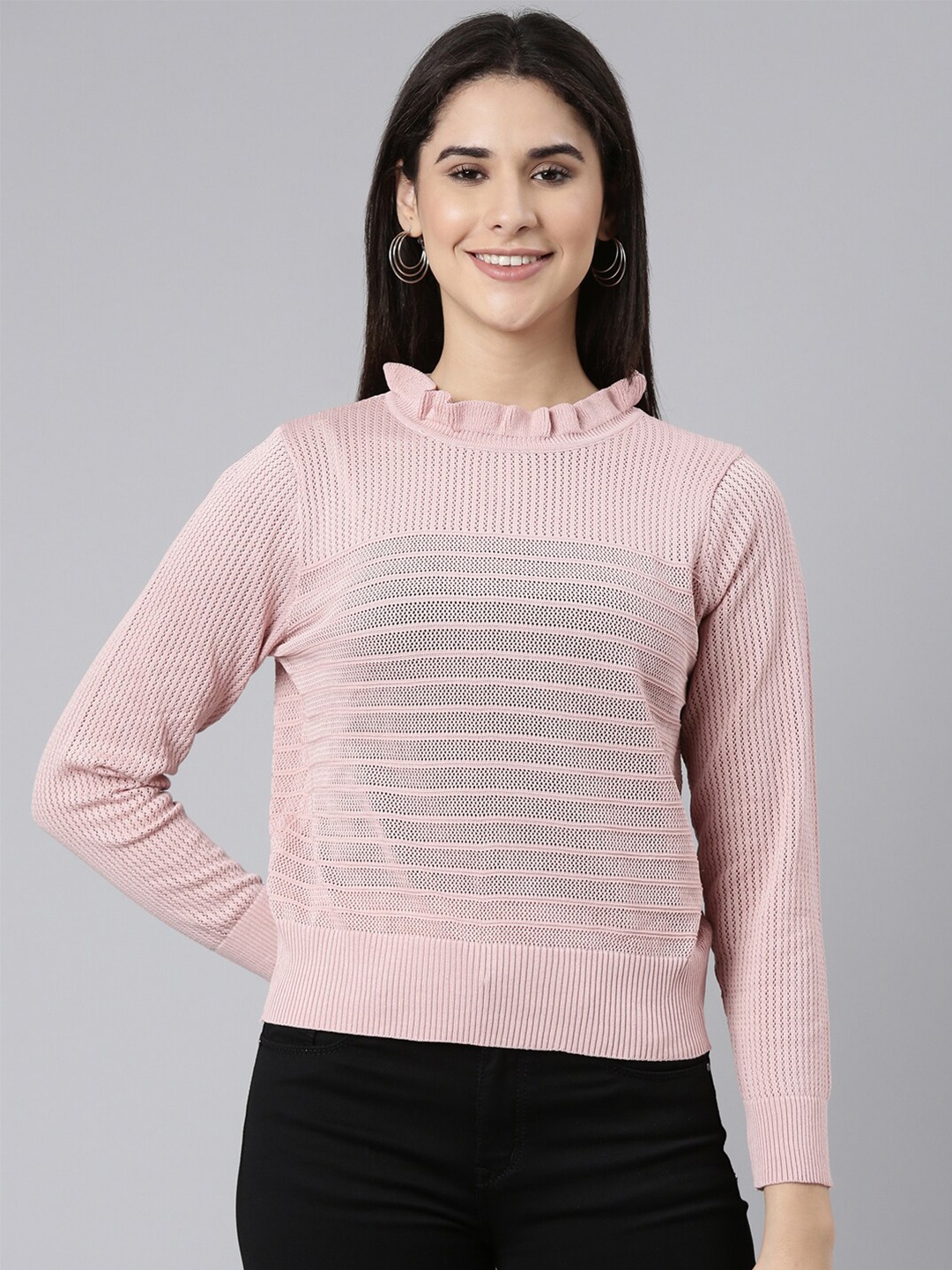 

SHOWOFF Striped Ruffles Knitted Top, Pink