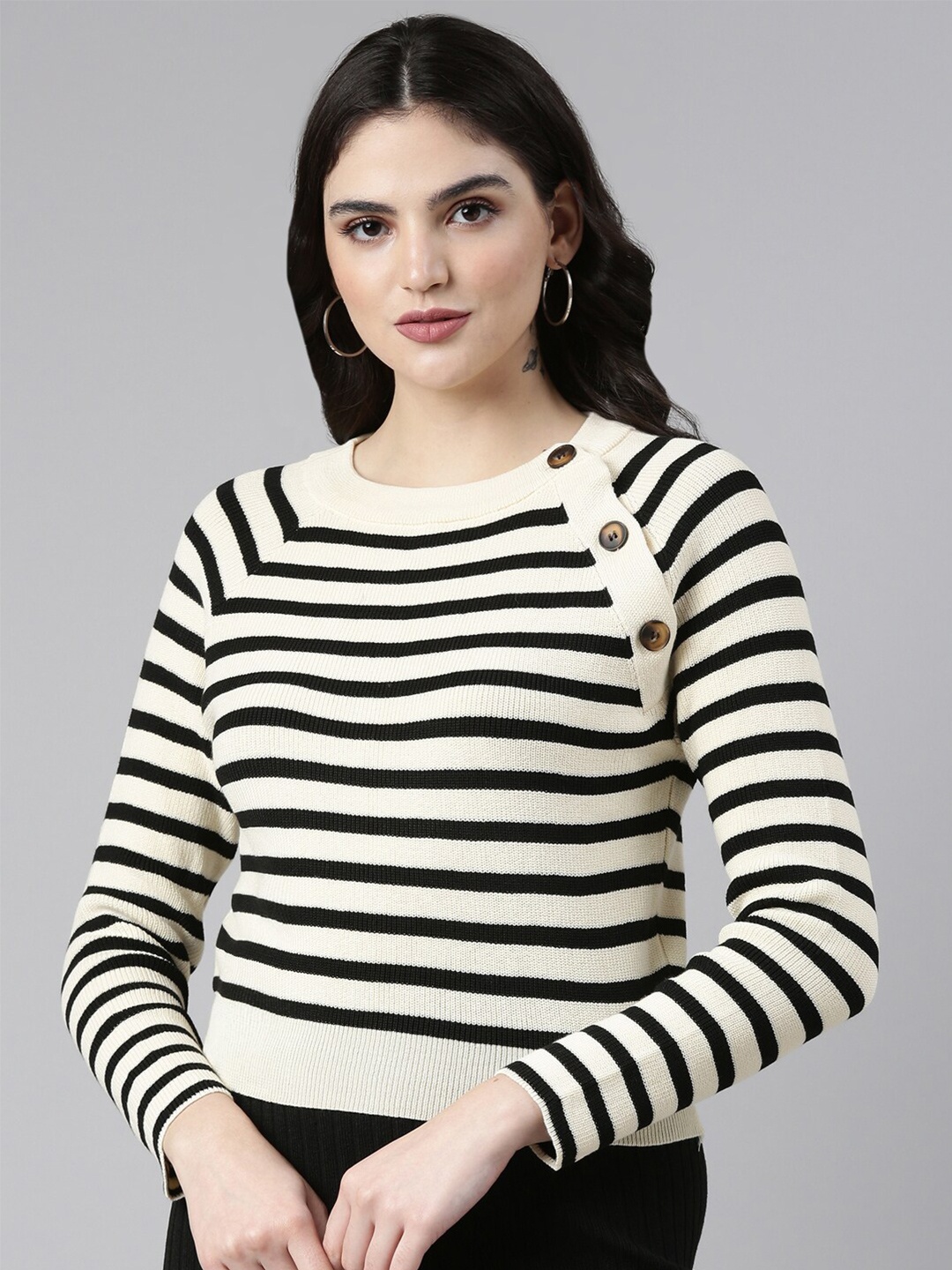 

SHOWOFF Striped Raglan Sleeves Fitted Woollen Top, Beige