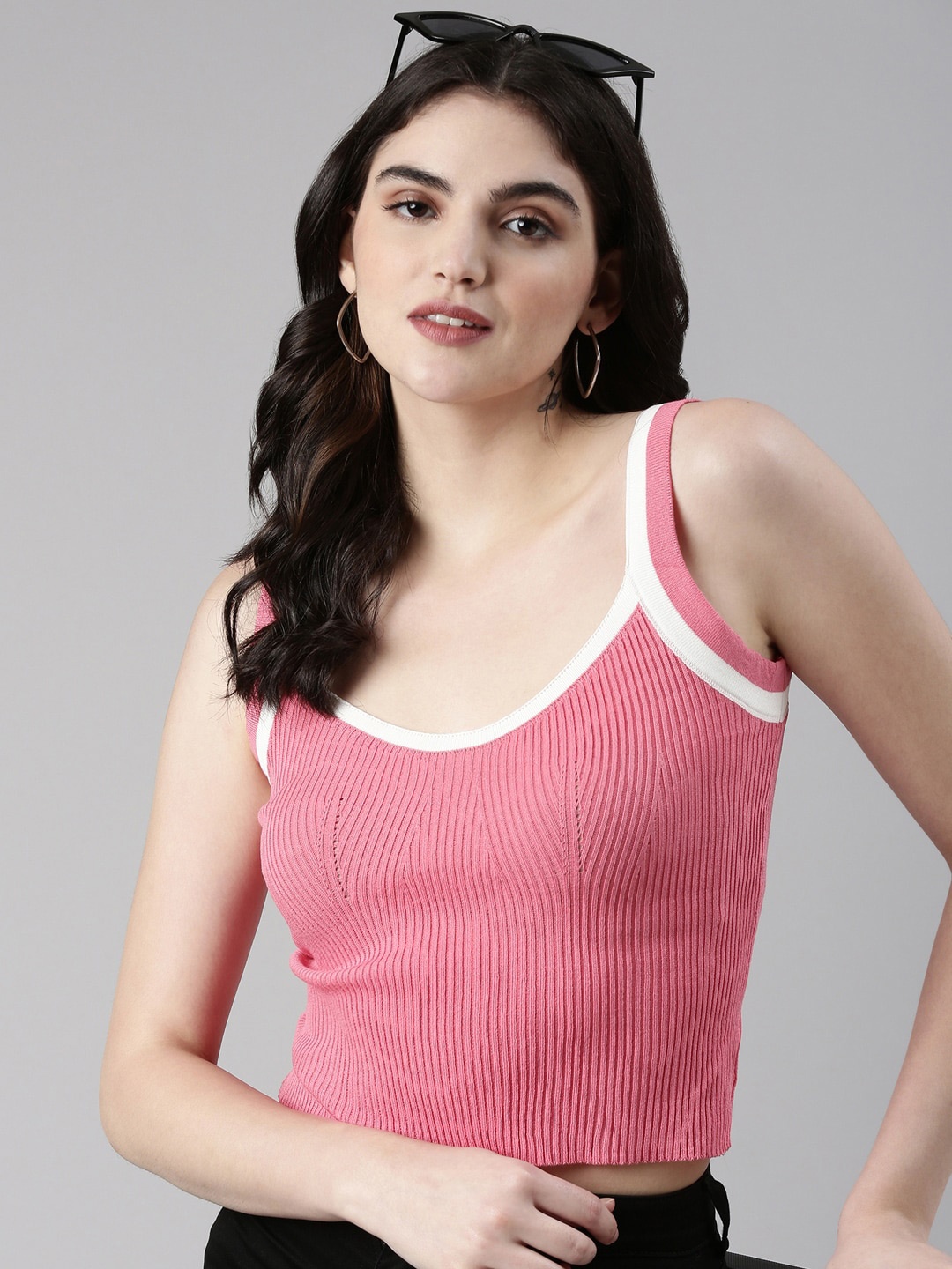 

SHOWOFF Striped Sleeveless Fitted Top, Pink