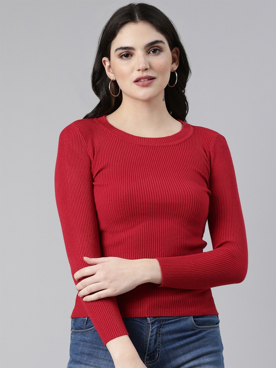 

SHOWOFF Ribbed Round Neck Fitted Top, Maroon