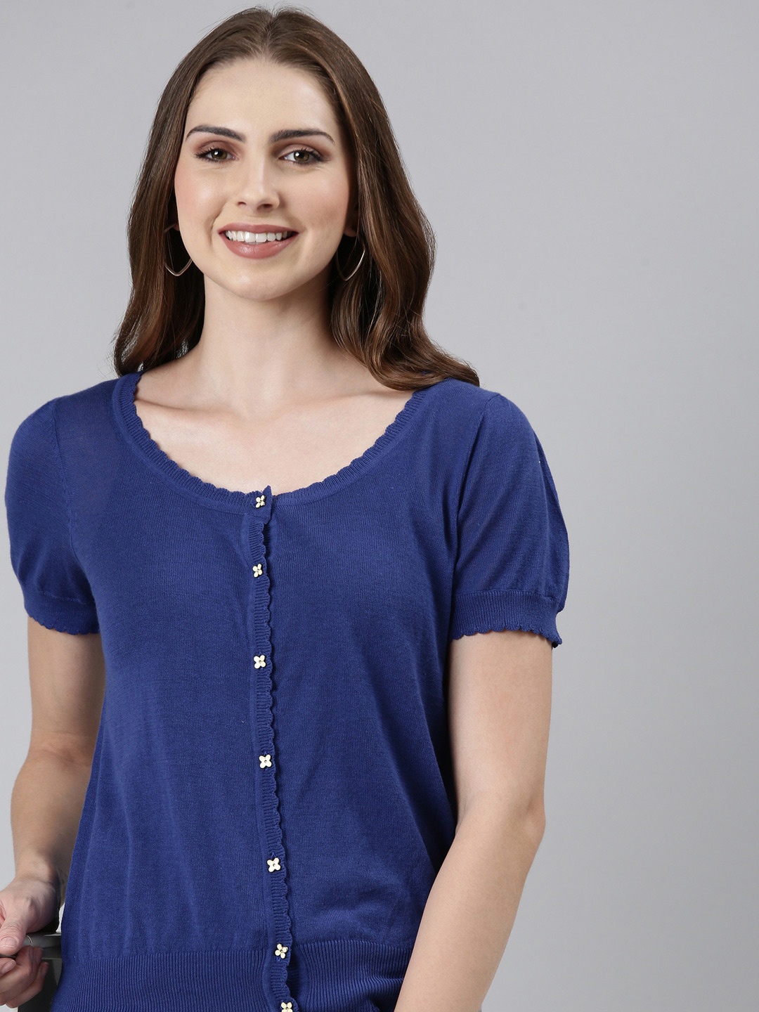 

SHOWOFF Scoop Neck Puff Sleeve Shirt Style Top, Navy blue