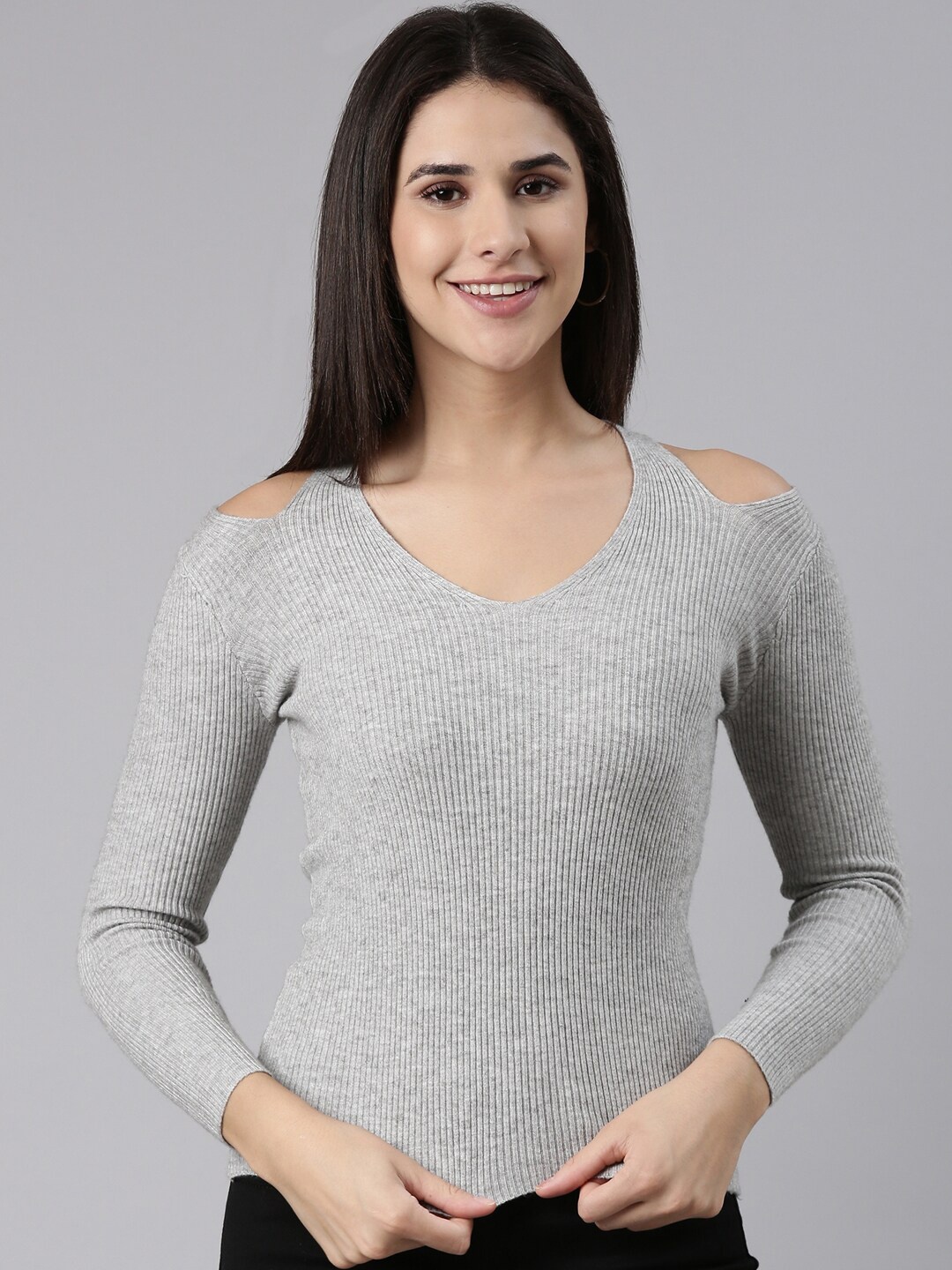 

SHOWOFF Ribbed Cold-Shoulder Fitted Top, Grey melange