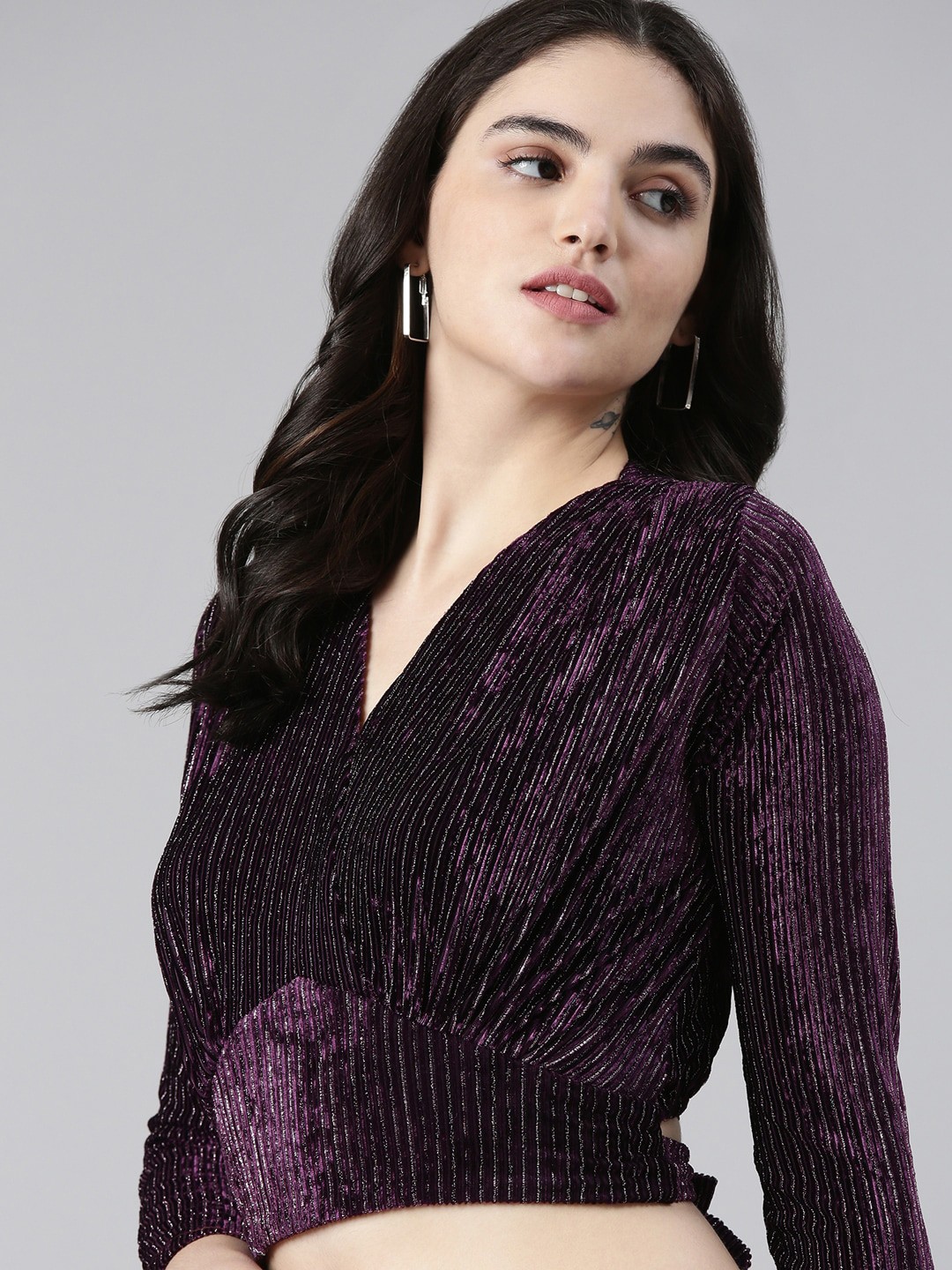 

SHOWOFF Self Design Velvet Cinched Waist Crop Top, Purple