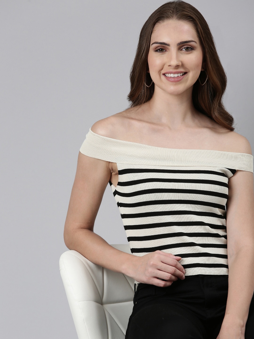 

SHOWOFF Striped Off-Shoulder Bardot Top, Beige