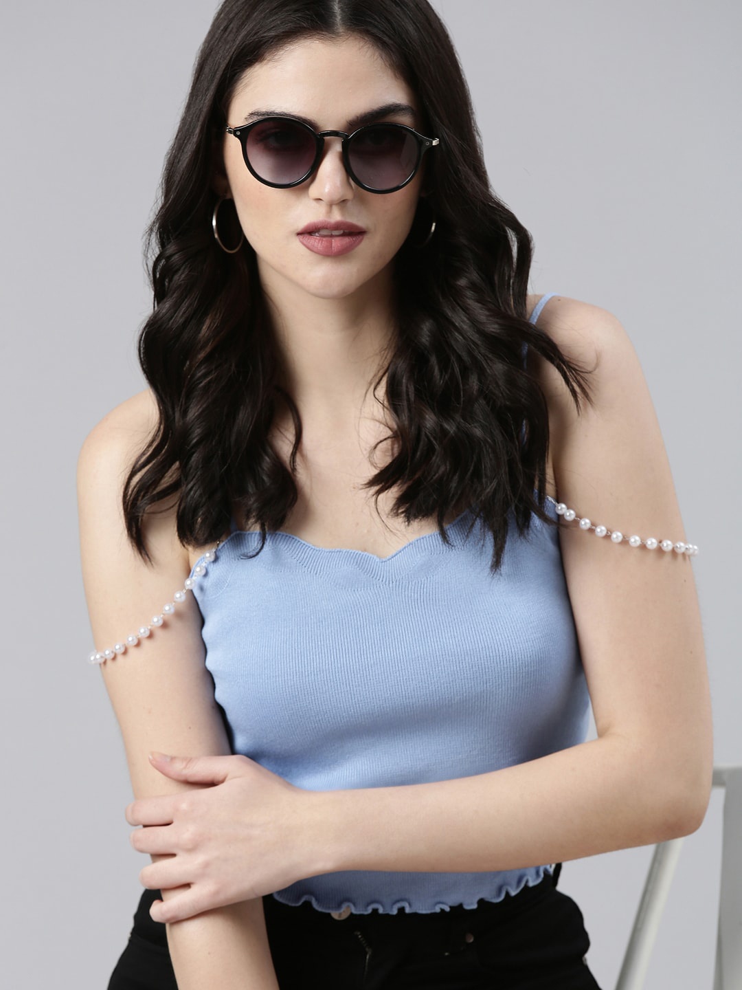 

SHOWOFF Shoulder Straps Ribbed Crop Tank Top, Blue