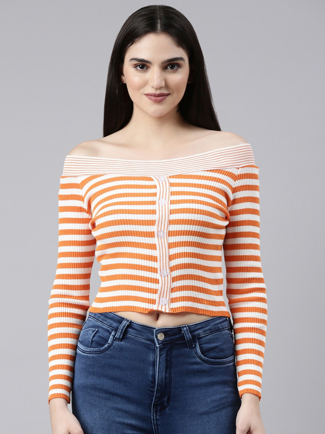 

SHOWOFF Striped Long Sleeve Crop Bardot Top, Orange