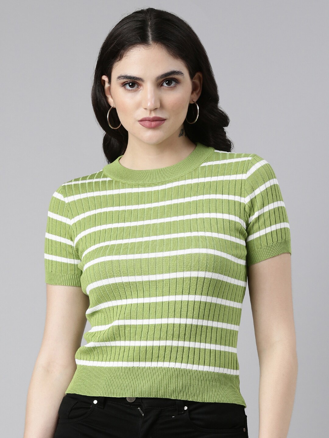 

SHOWOFF Striped Round Neck Knitted Fitted Top, Green