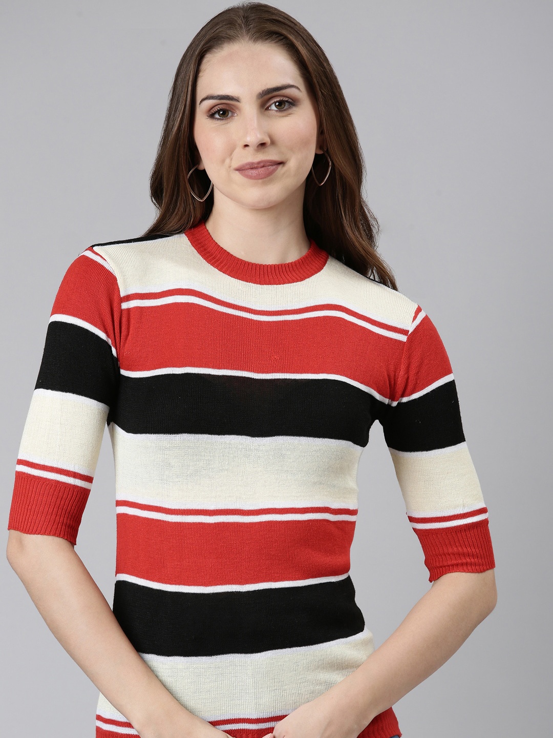

SHOWOFF Striped Woollen Fitted Top, Red