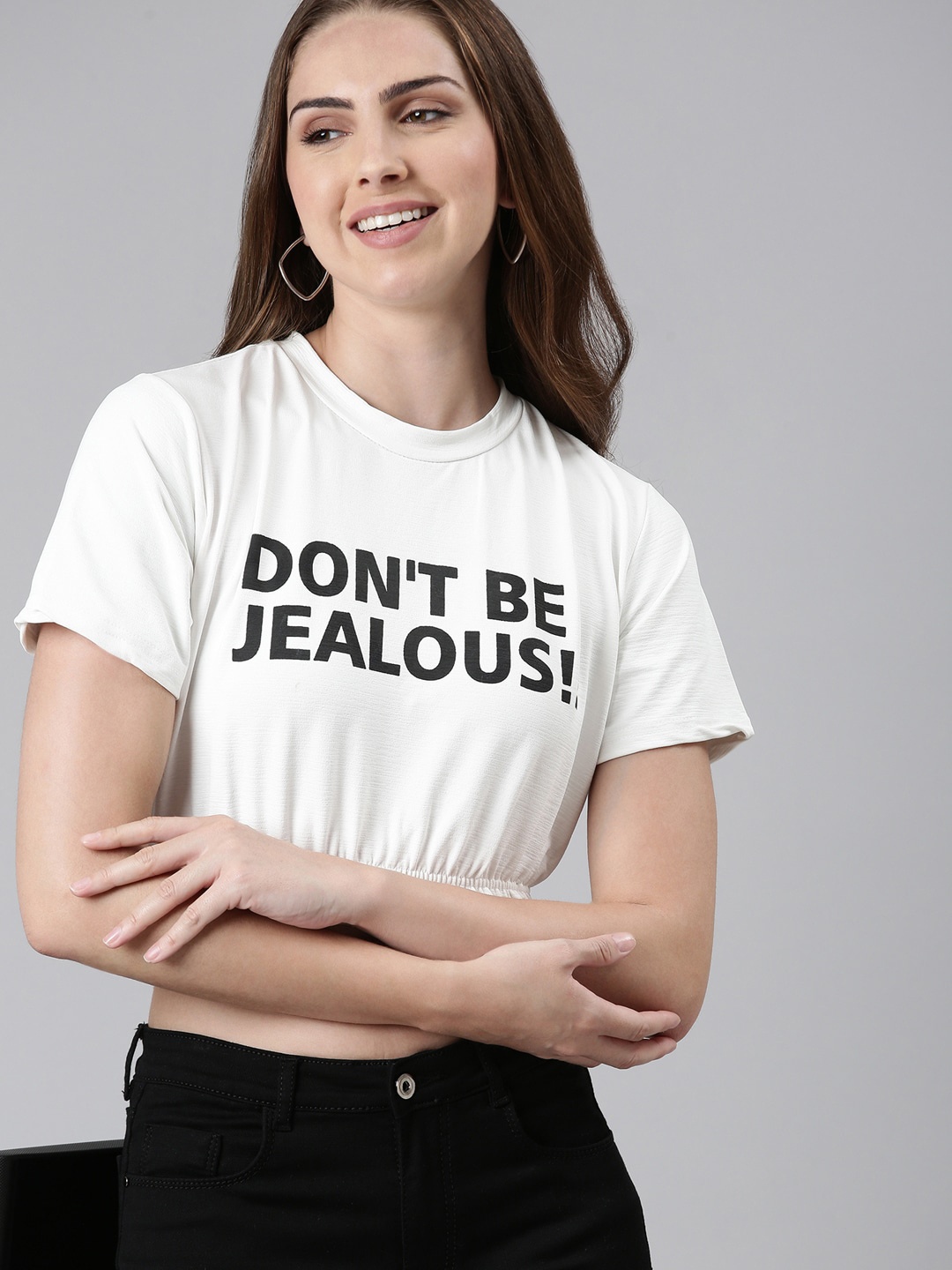 

SHOWOFF Typography Printed Cinched Waist Crop Top, White