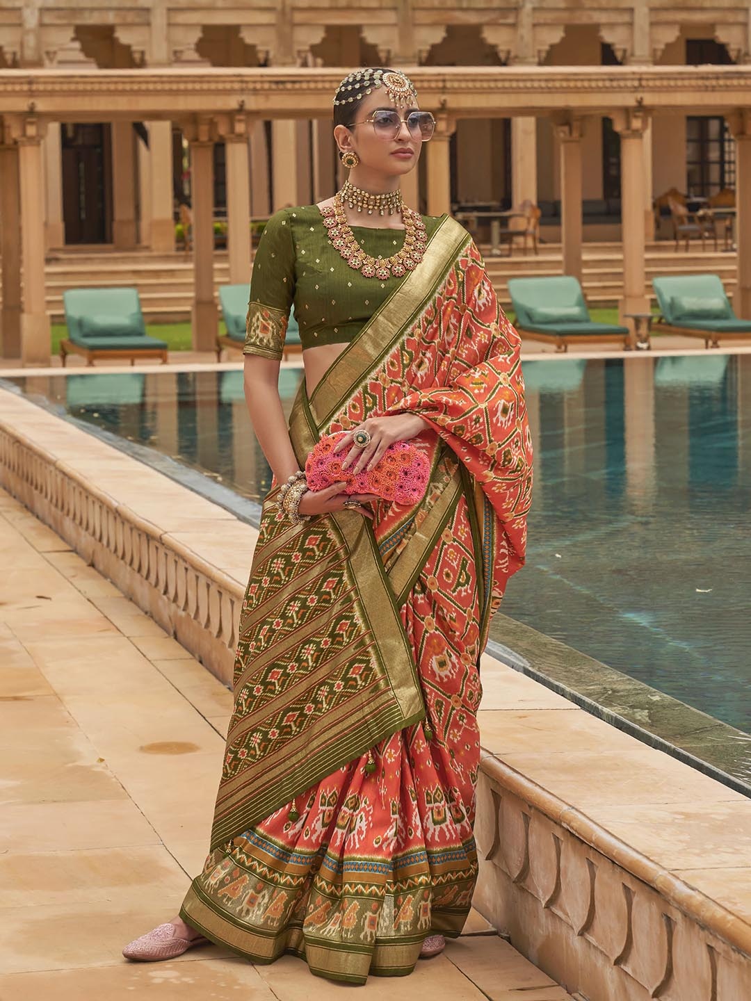 

elora Floral Printed Zari Pure Silk Patola Saree, Peach