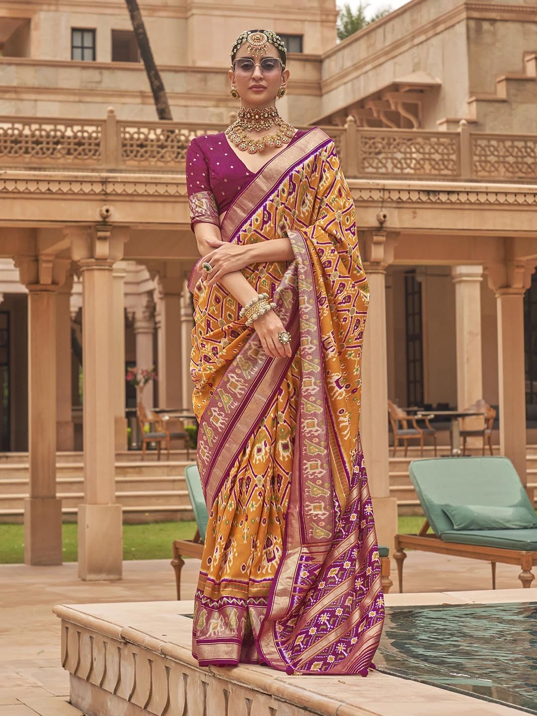 

elora Ethnic Motifs Printed Zari Pure Silk Patola Saree, Yellow