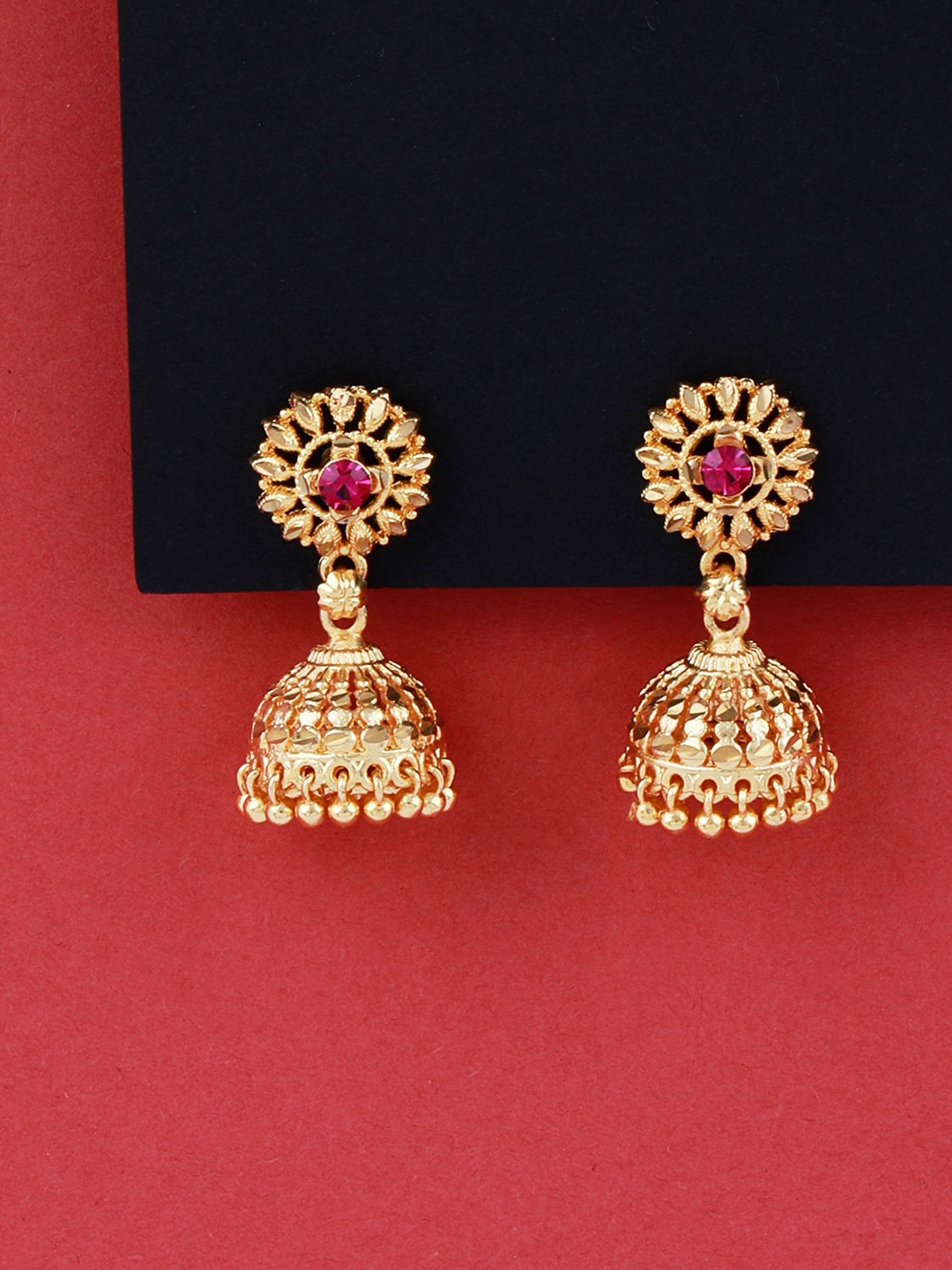 

Silver Shine Gold-Plated Stone Studded Temple Jhumkas