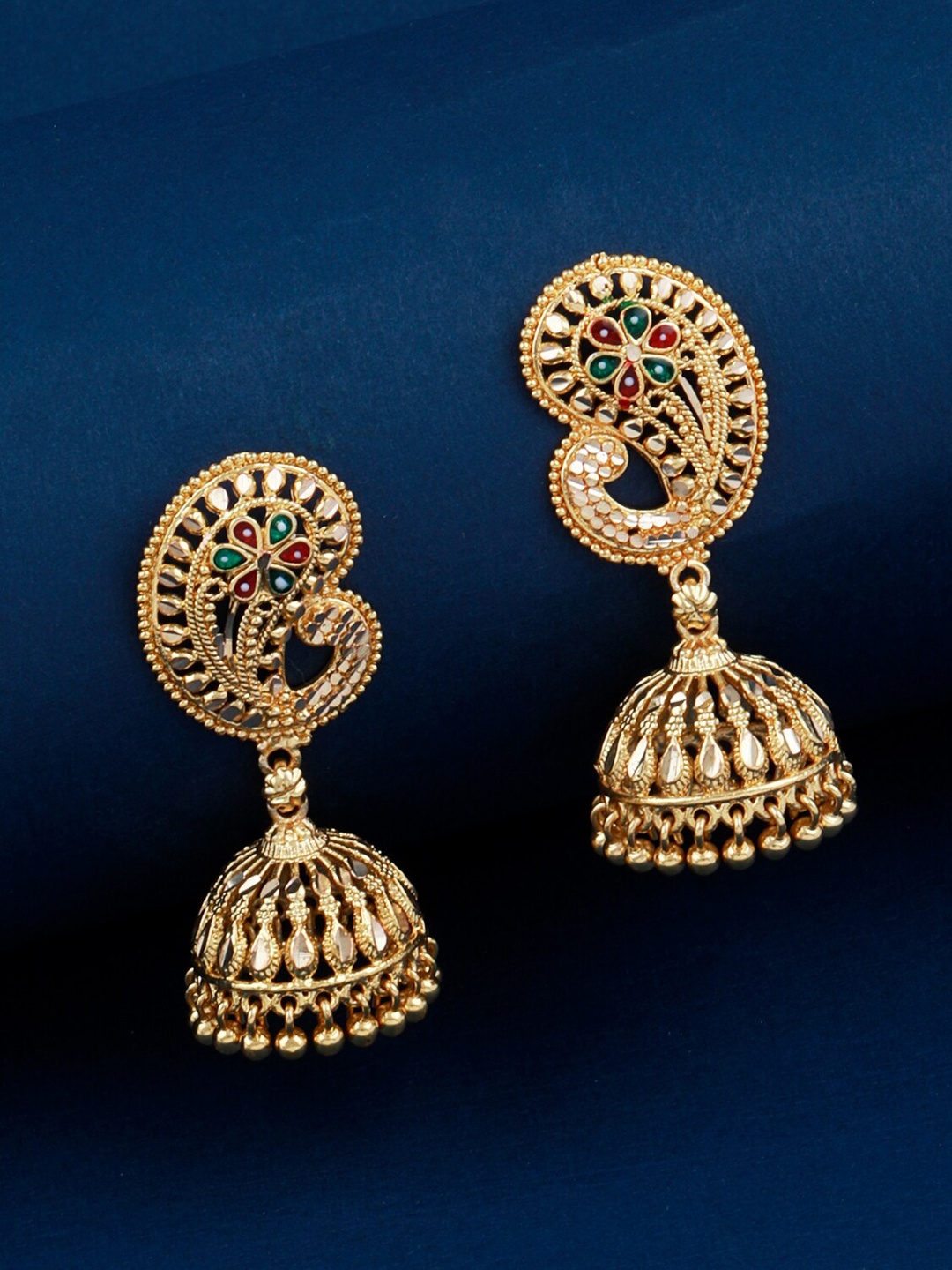 

Silver Shine Gold-Plated Stone Studded Contemporary Jhumkas