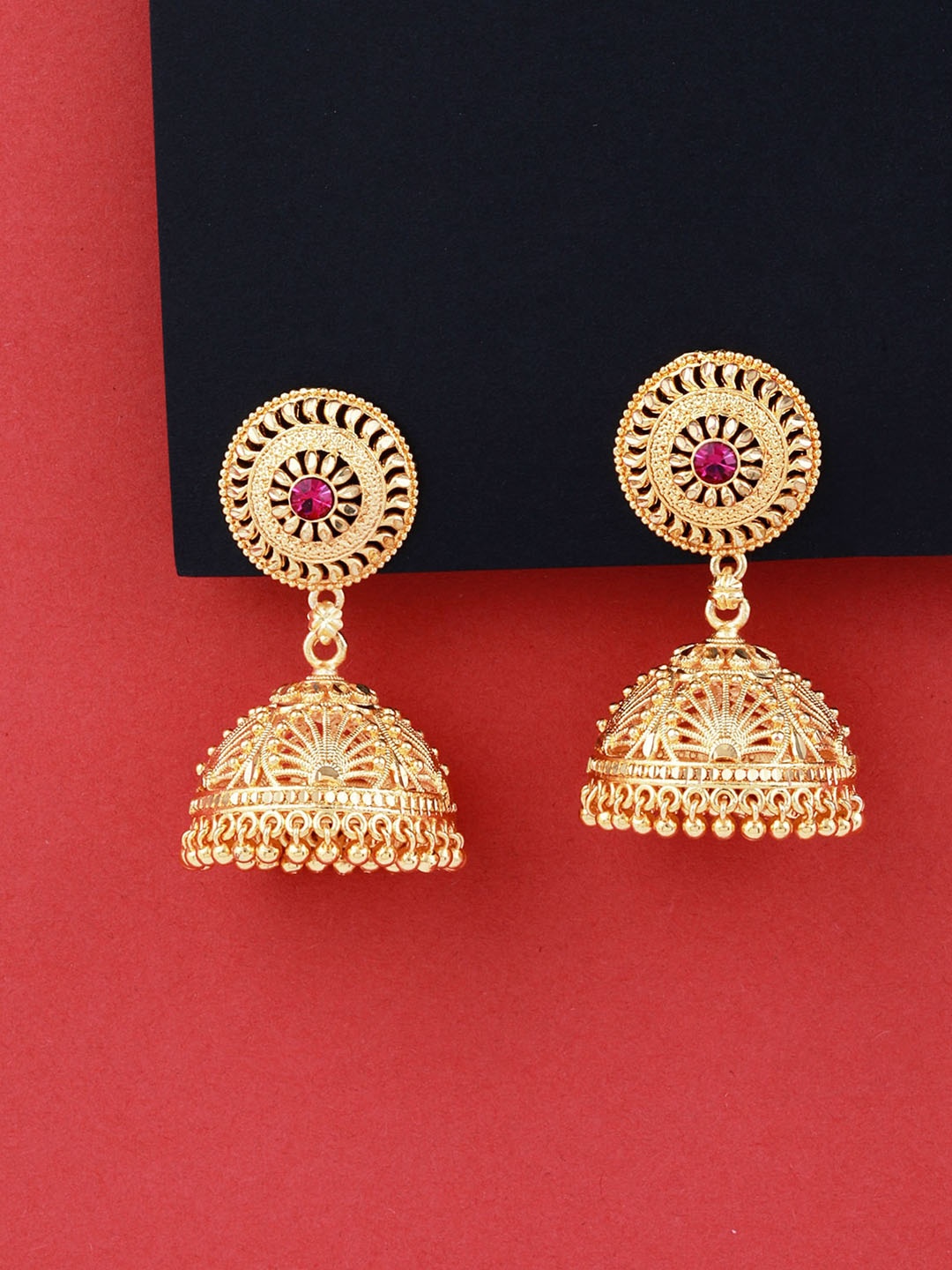 

Silver Shine Gold-Plated Stone Studded Jhumkas
