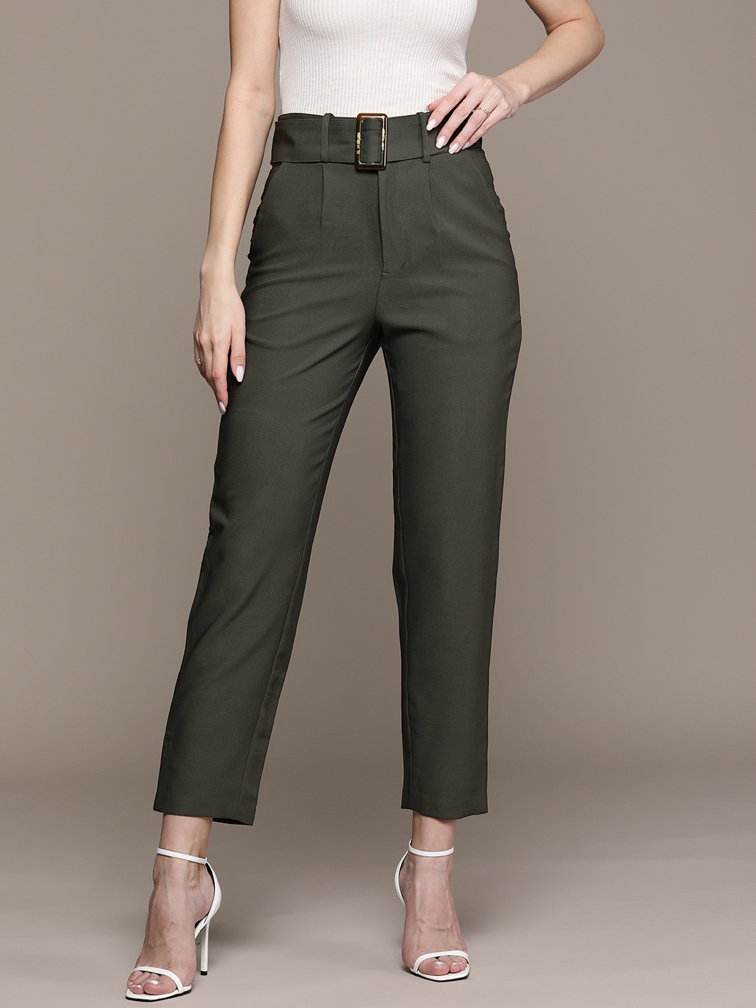 

bebe Women All Day Regular Fit Cropped Trousers, Olive