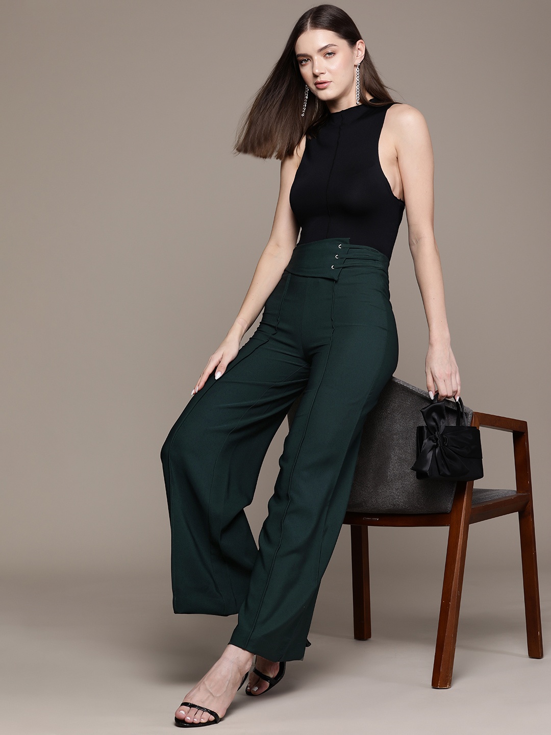 

bebe Women All Day Panelled Detail Flared Fit Trousers, Green