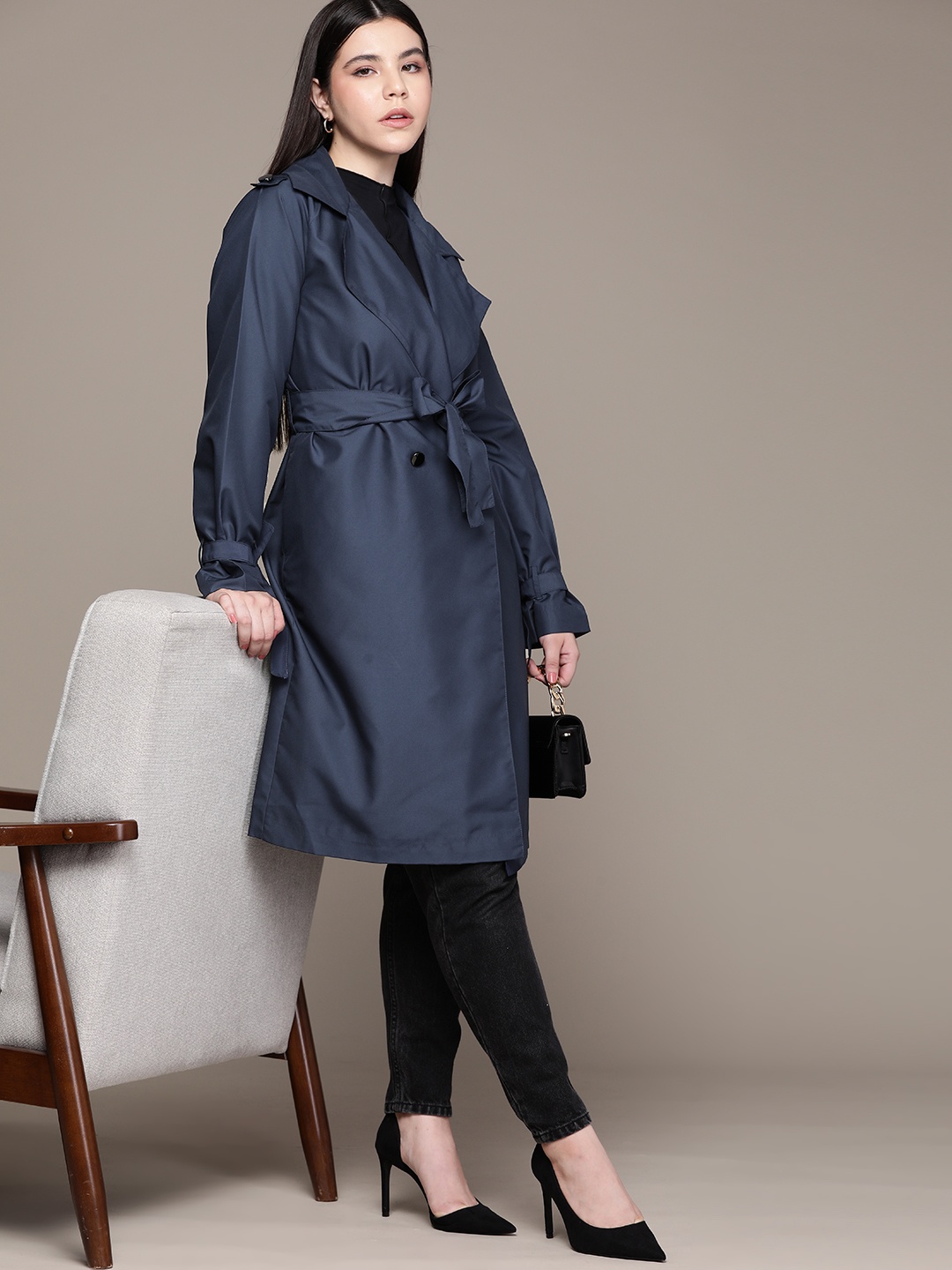 

bebe Women All Day Double-Breasted Knee-Length Trench Coat, Navy blue