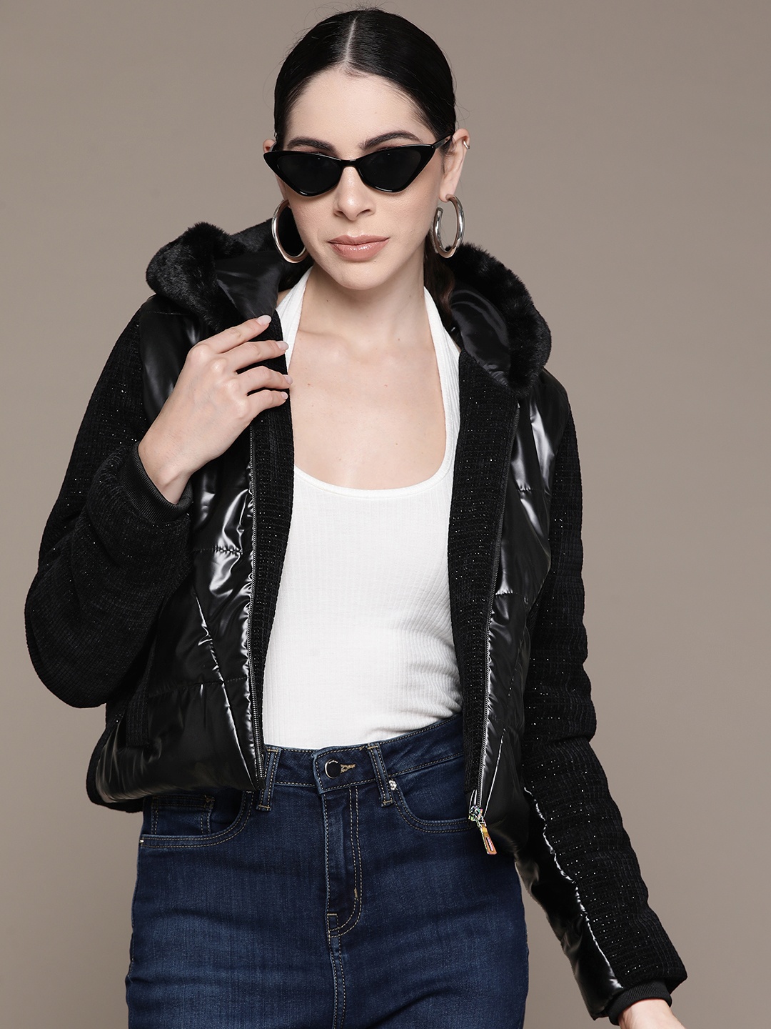 

bebe Future Glam Faux Leather Shimmery Padded Jacket, Black