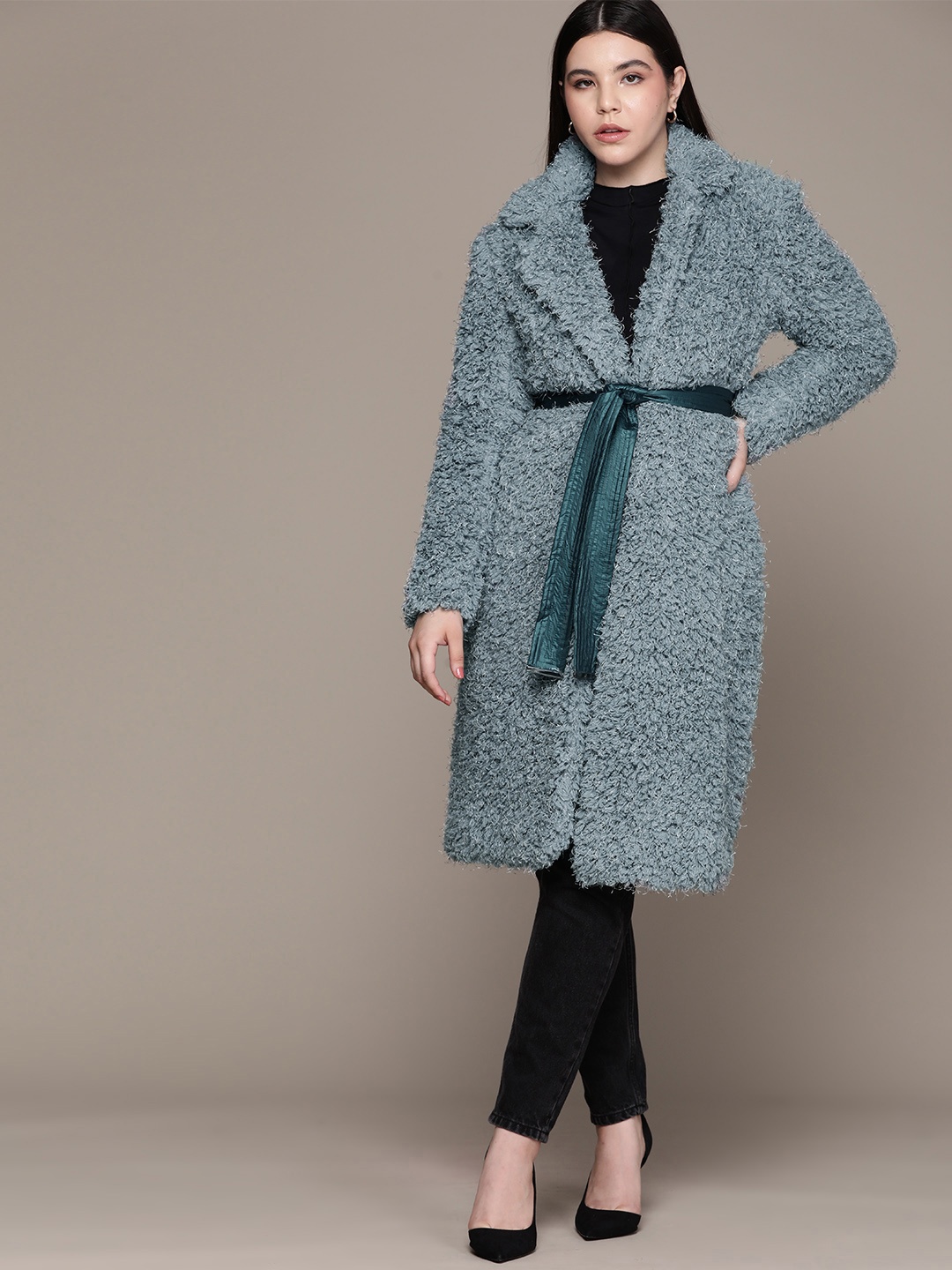 

bebe Season Staples Longline Fuzzy Overcoat, Blue