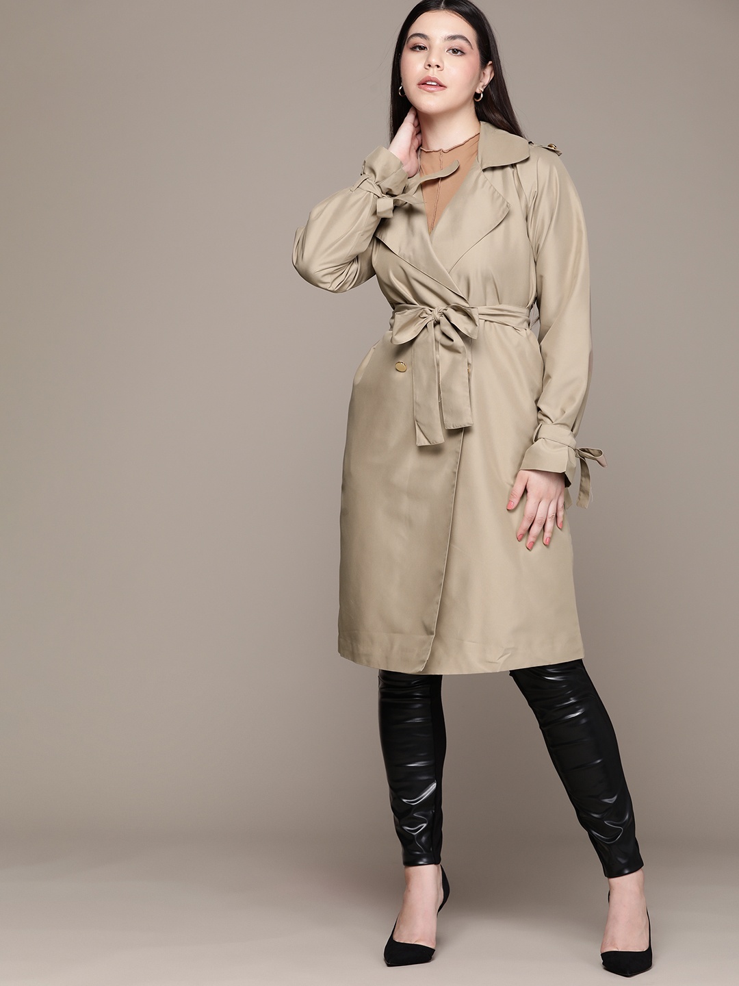 

bebe Women All Day Double-Breasted Knee-Length Trench Coat, Beige