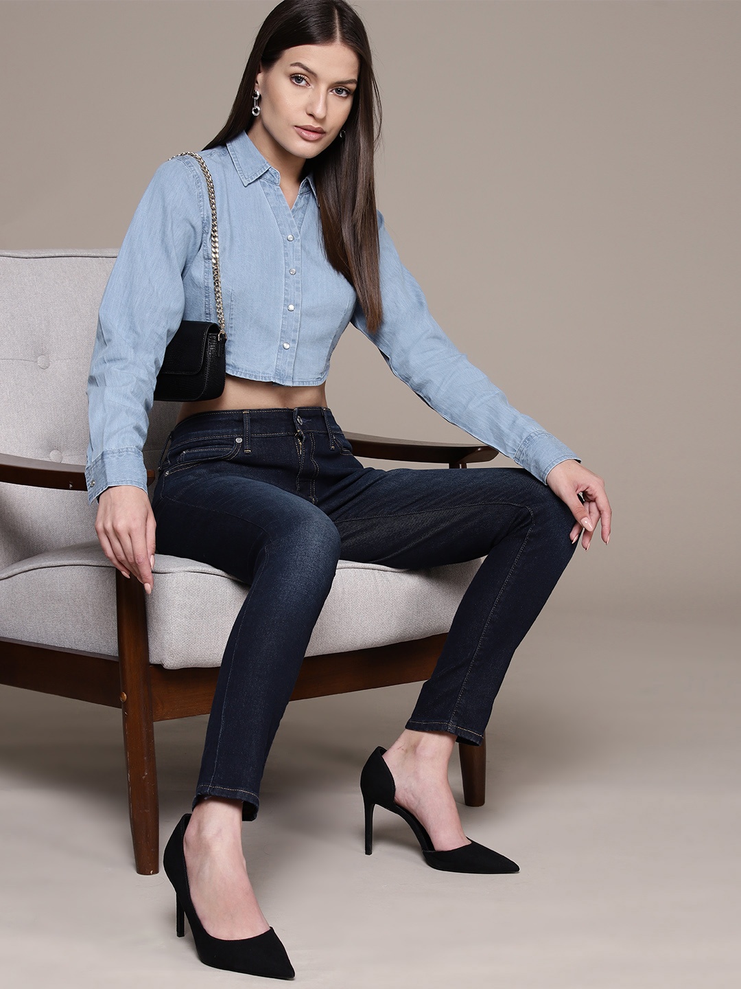 

bebe Denim Daze Cotton Cropped Shirt, Blue