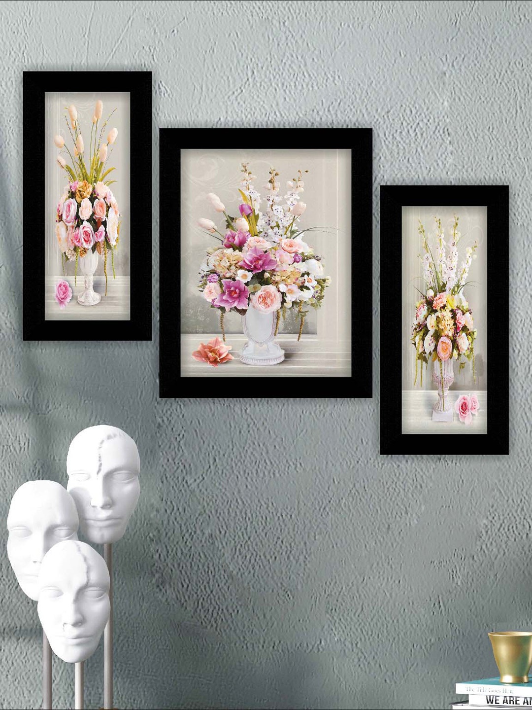 

SAF Grey & Pink 3 Pieces Flower Pot Frame Printed Digital Wall Art, Multi